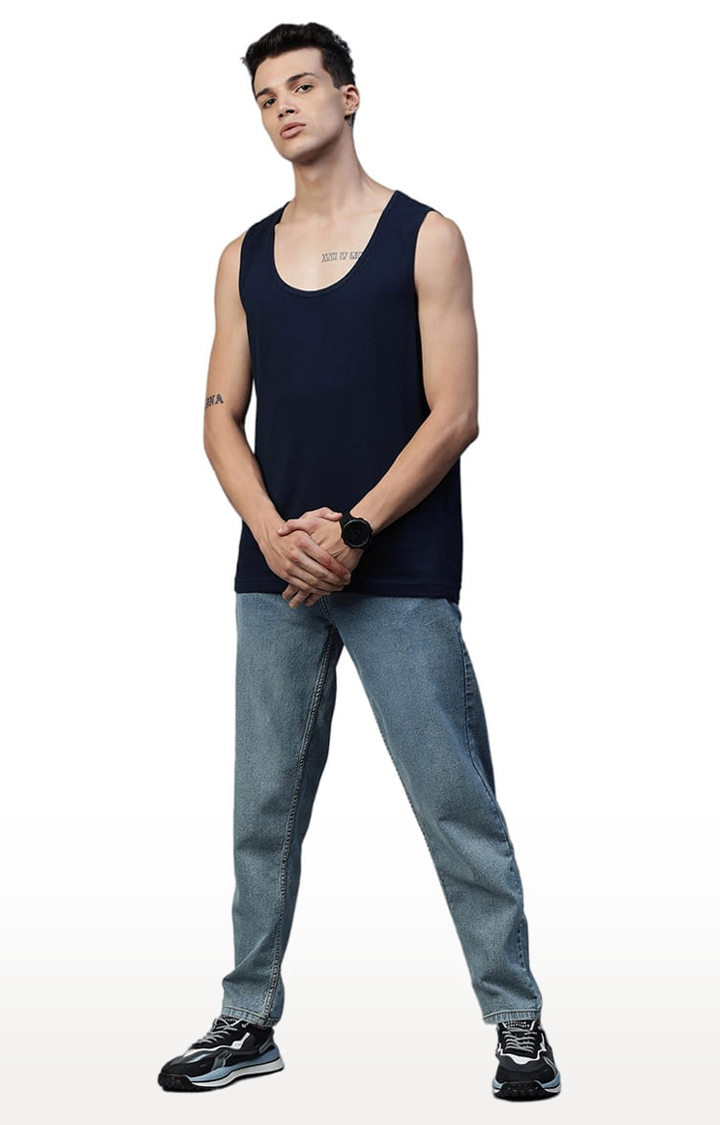 Men's Navy Blue Cotton Blend Solid Vest