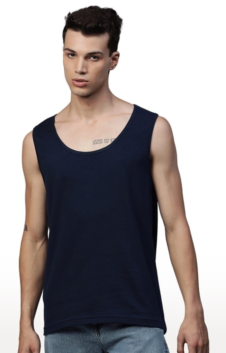 Men's Navy Blue Cotton Blend Solid Vest