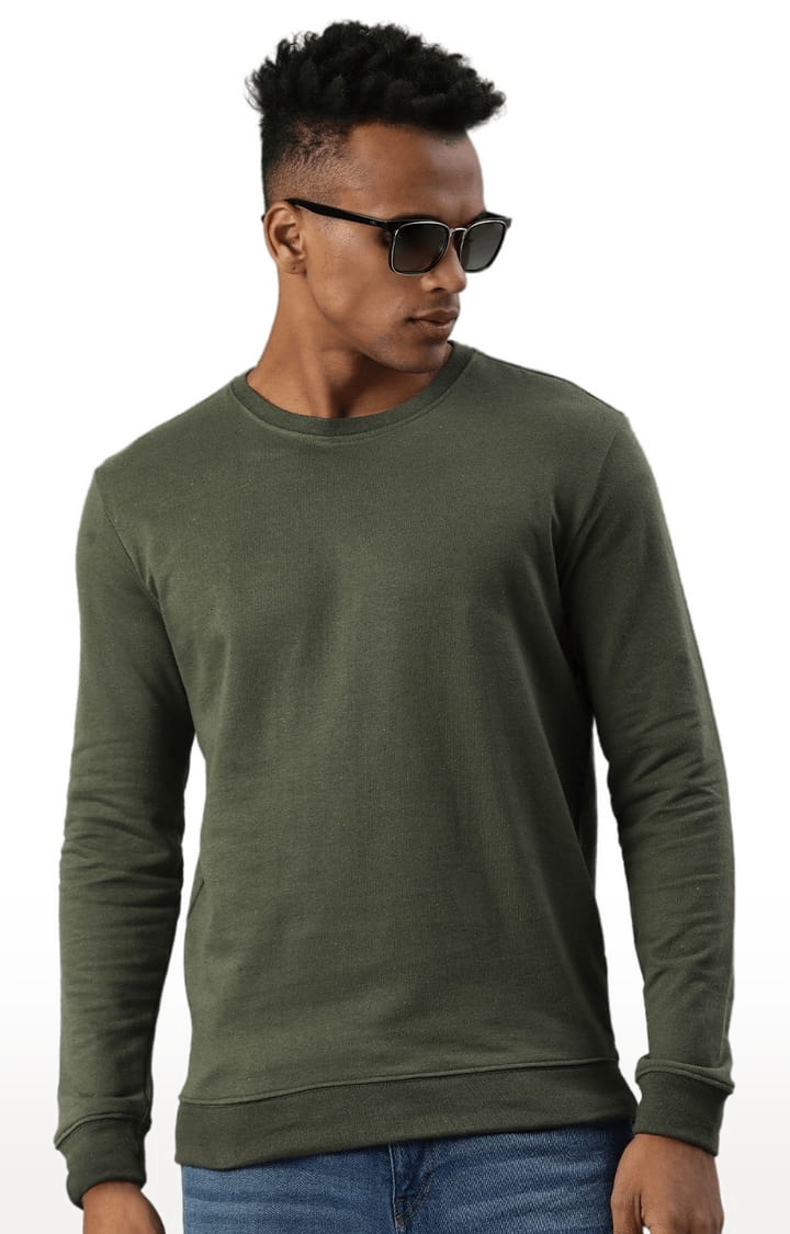 HUETRAP | Men's Green Cotton Blend Solid Sweatshirt 0