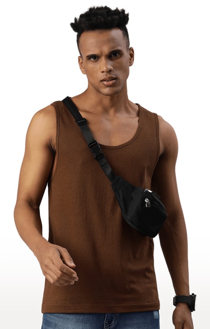 Men's Brown Cotton Solid Vest