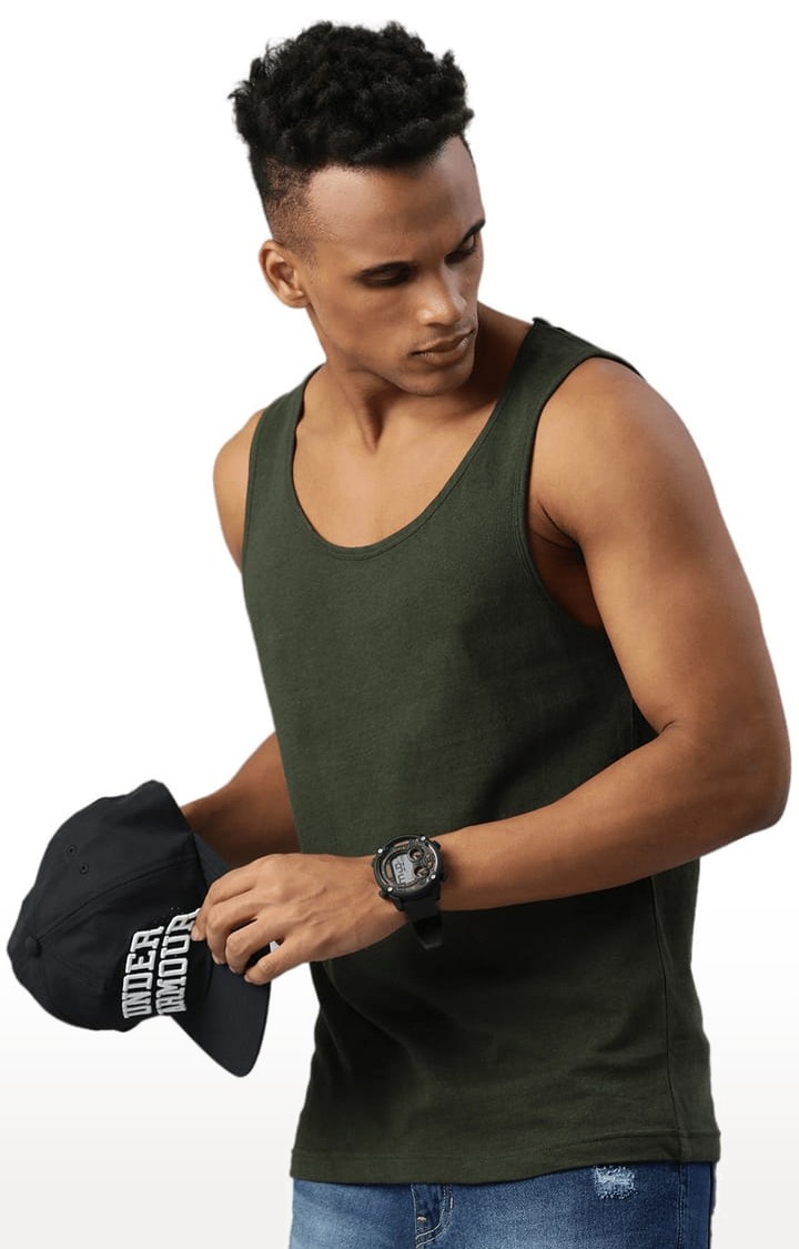 Men's Green Cotton Solid Vest