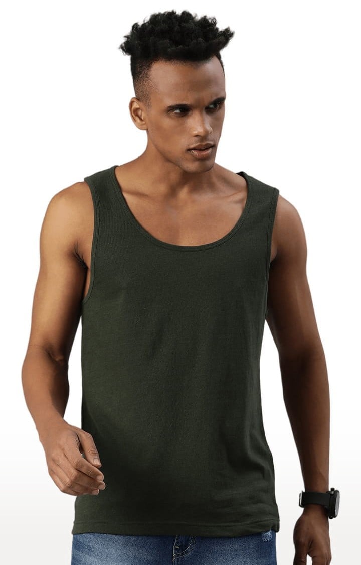 Men's Green Cotton Solid Vest
