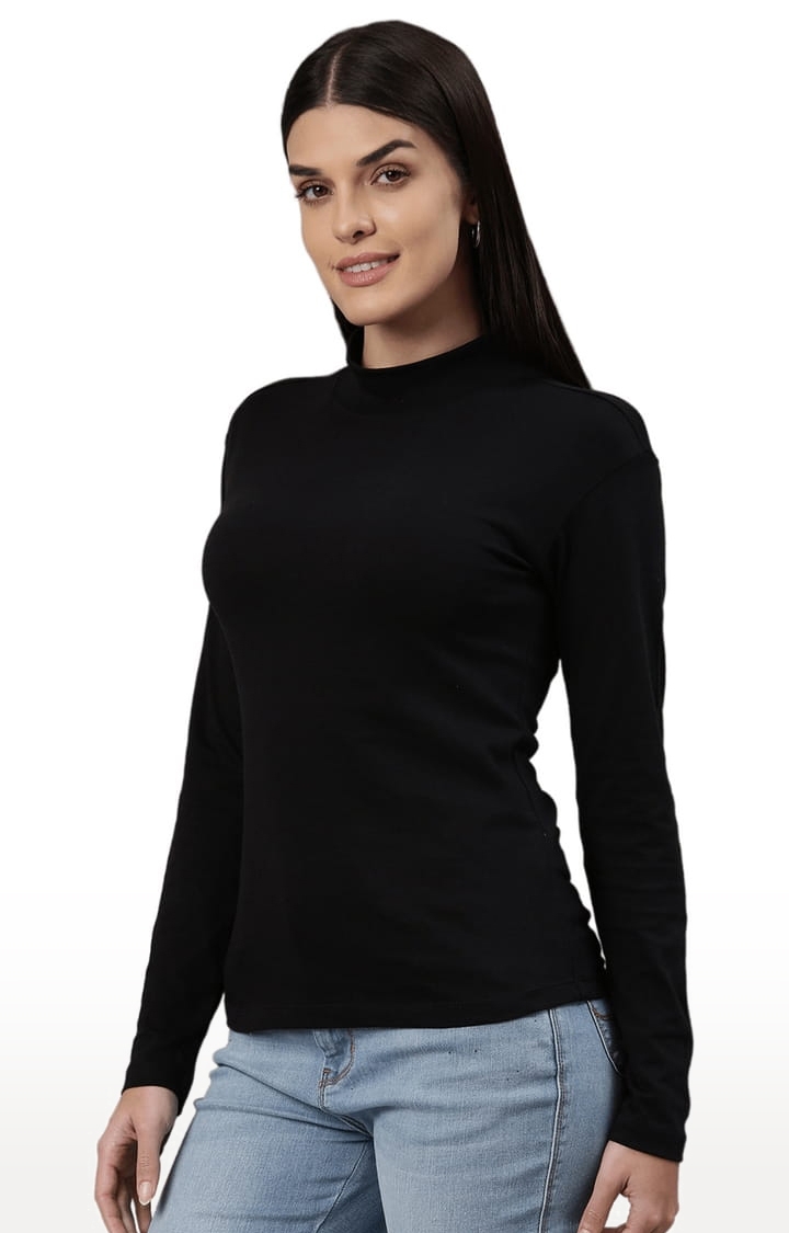 HUETRAP | Women's Black Cotton Solid Regular T-Shirt 1