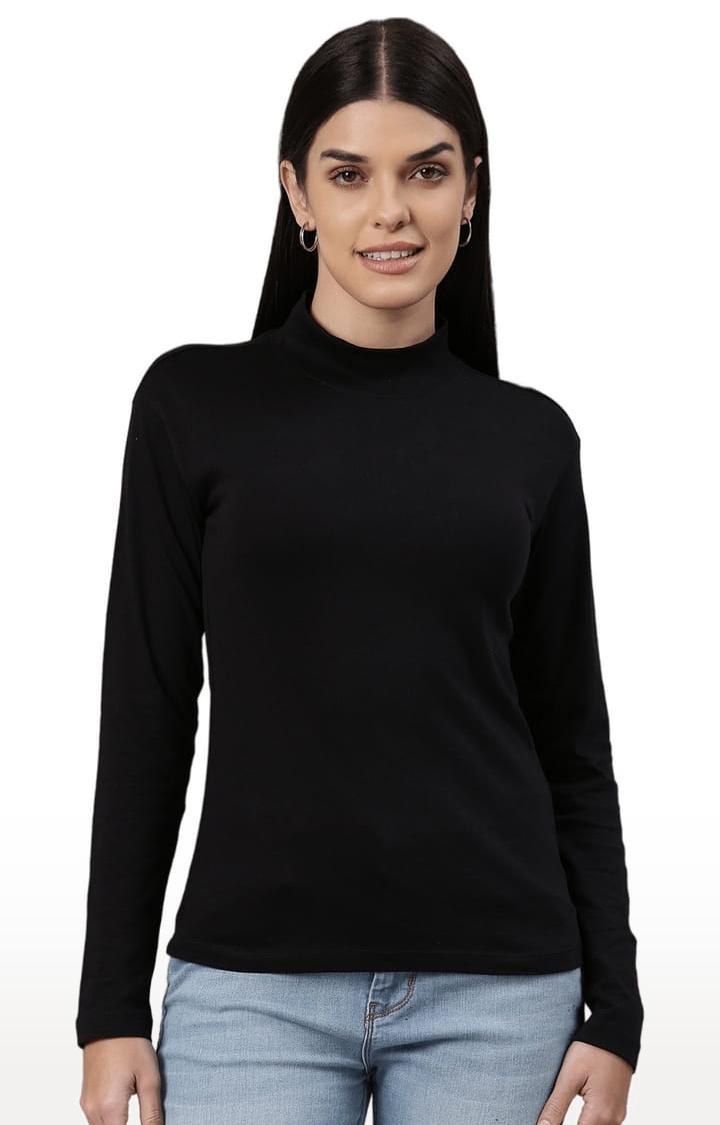 HUETRAP | Women's Black Cotton Solid Regular T-Shirt 0
