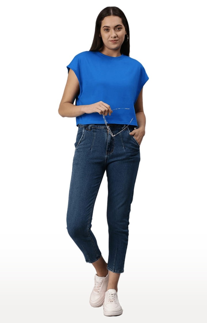 Women's Blue Solid Crop Top
