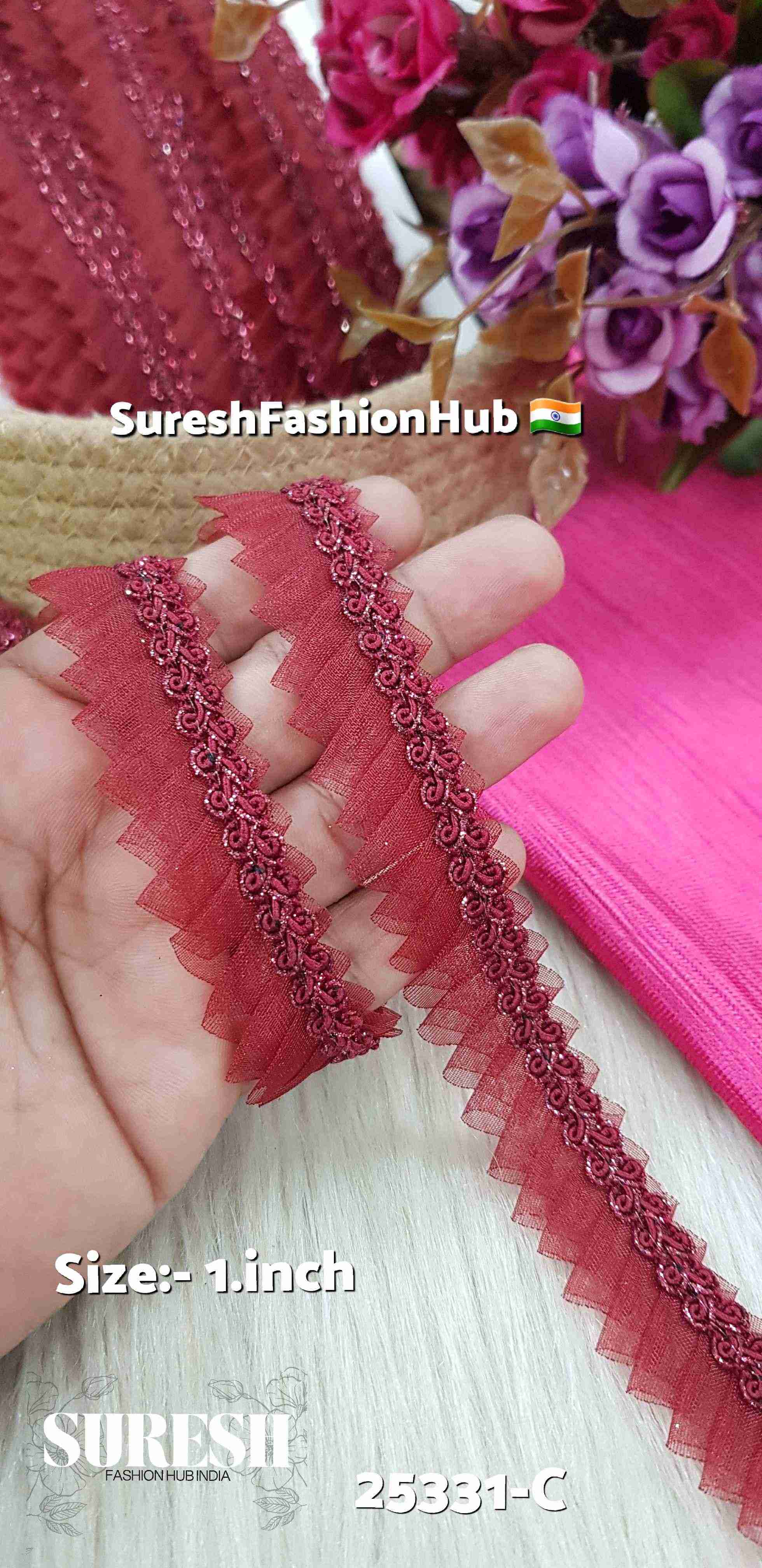 One Side Scallop Organza Jhalar Maroon Lace | 25331-C