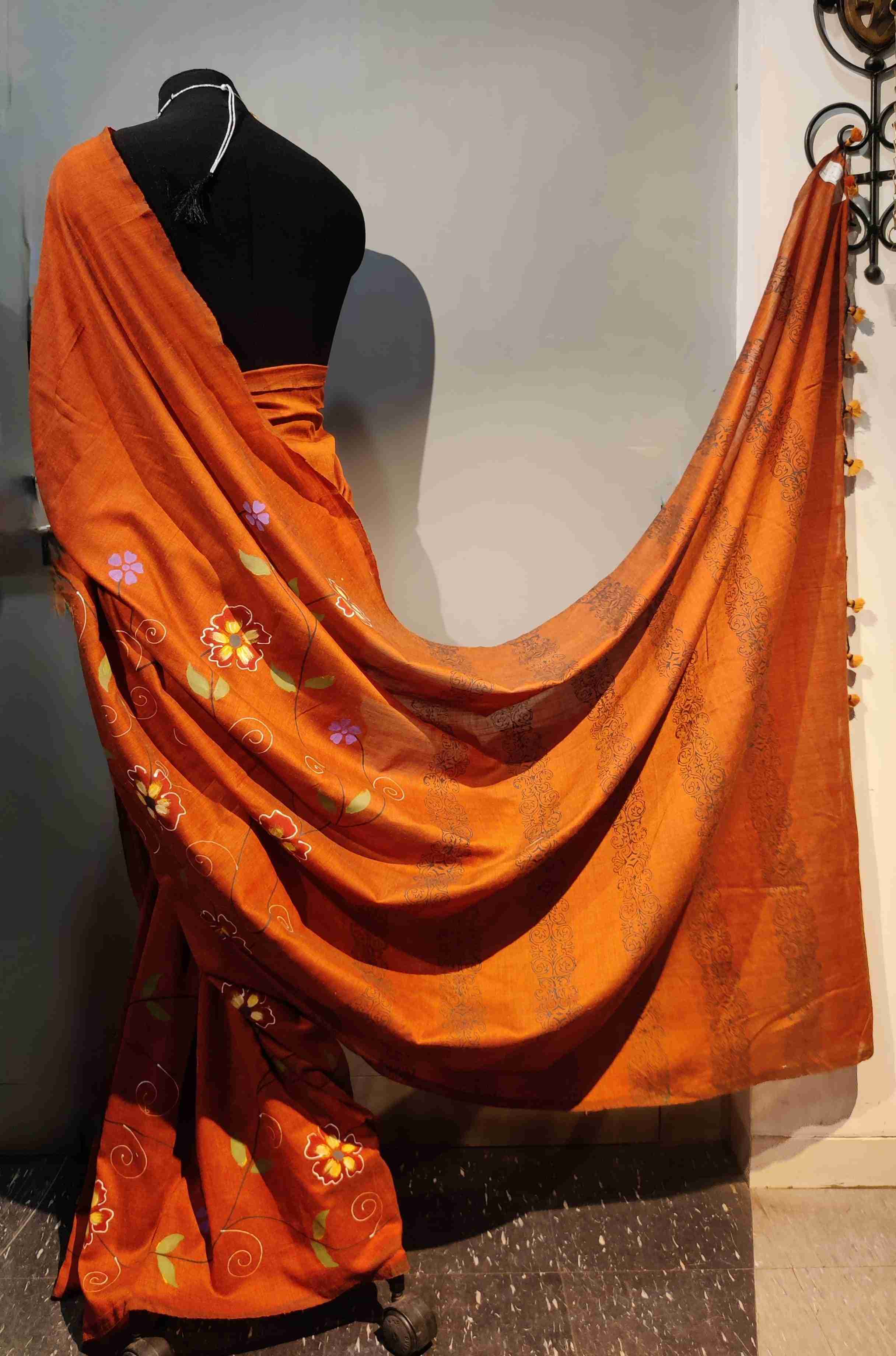 Handpainted Cotton Silk Sari-rust