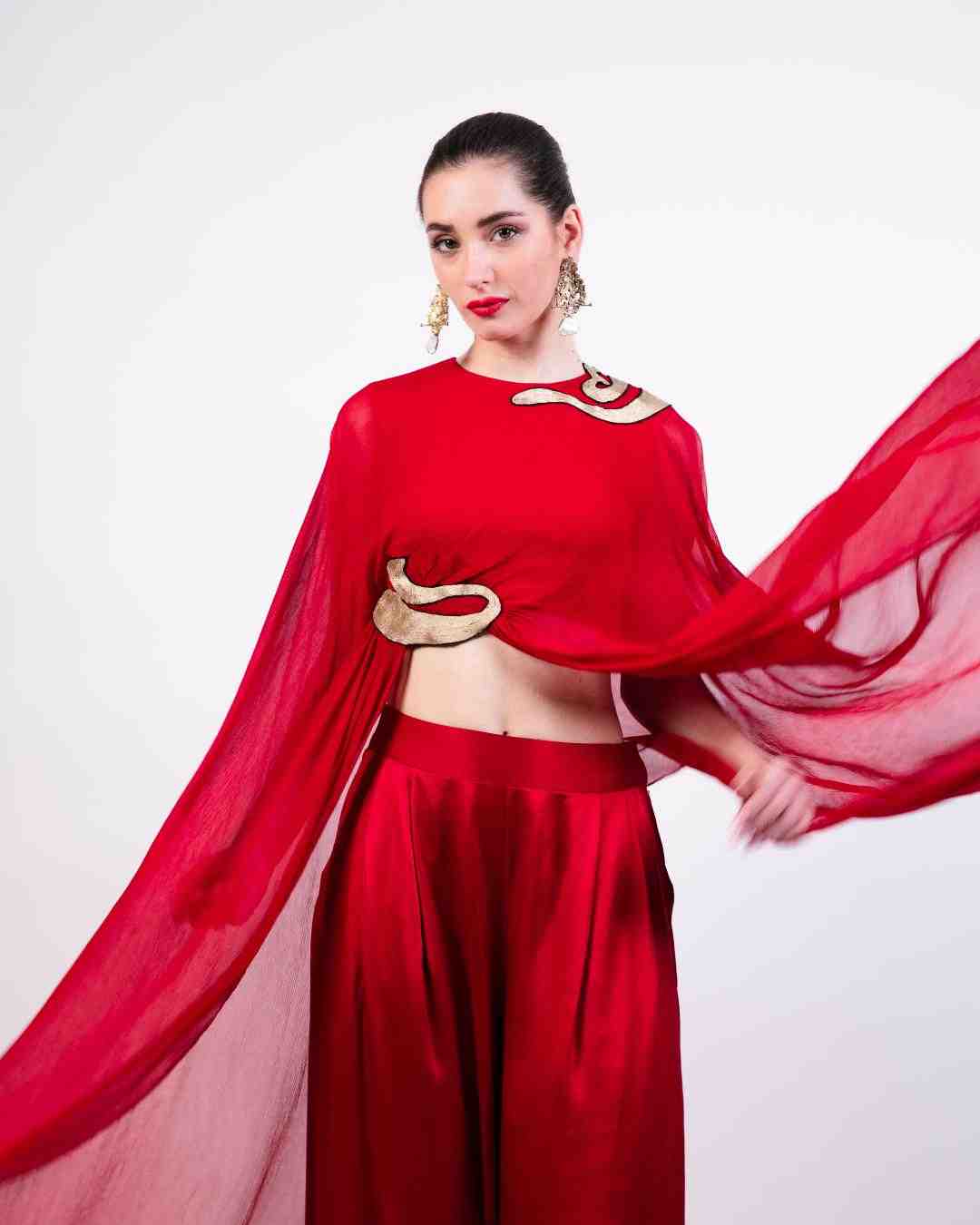 AKOK Red Silk Dupatta Cape with Trouser Co-ords
