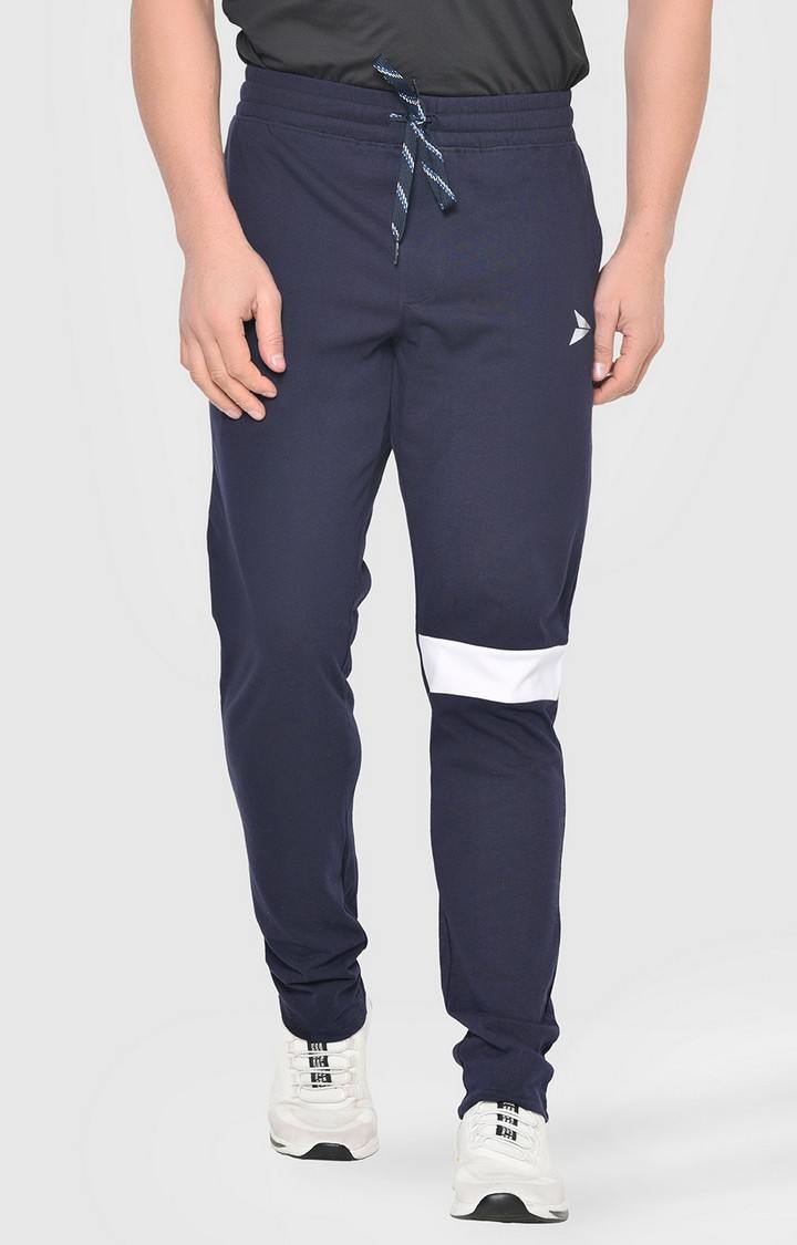 Men's Navy Blue Cotton Blend Solid Trackpant