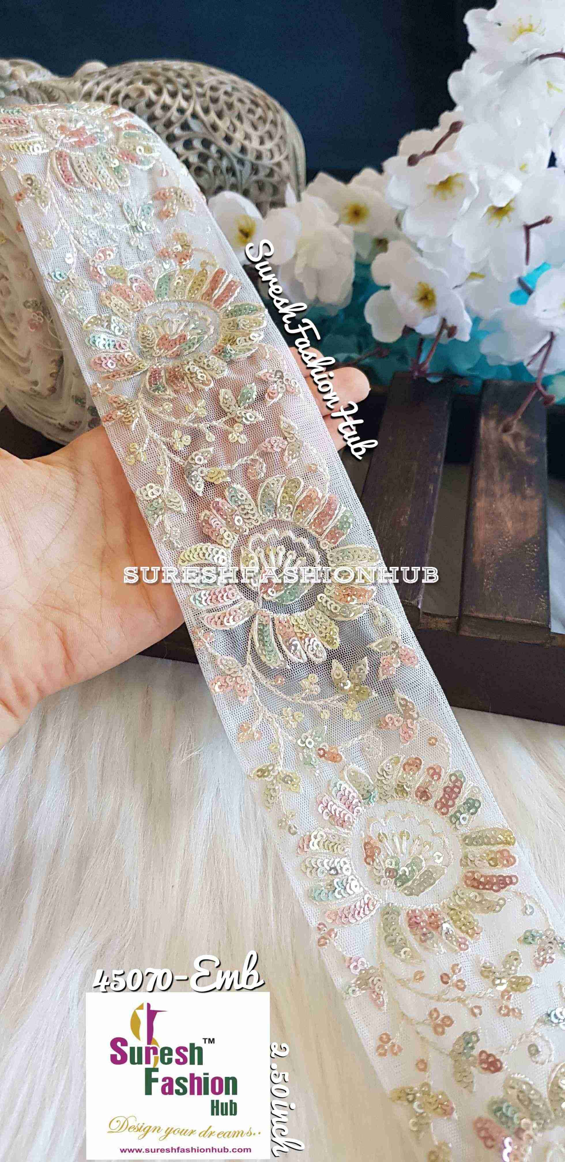 Multi-Colored Sequence On White Mesh Embroidered Trim