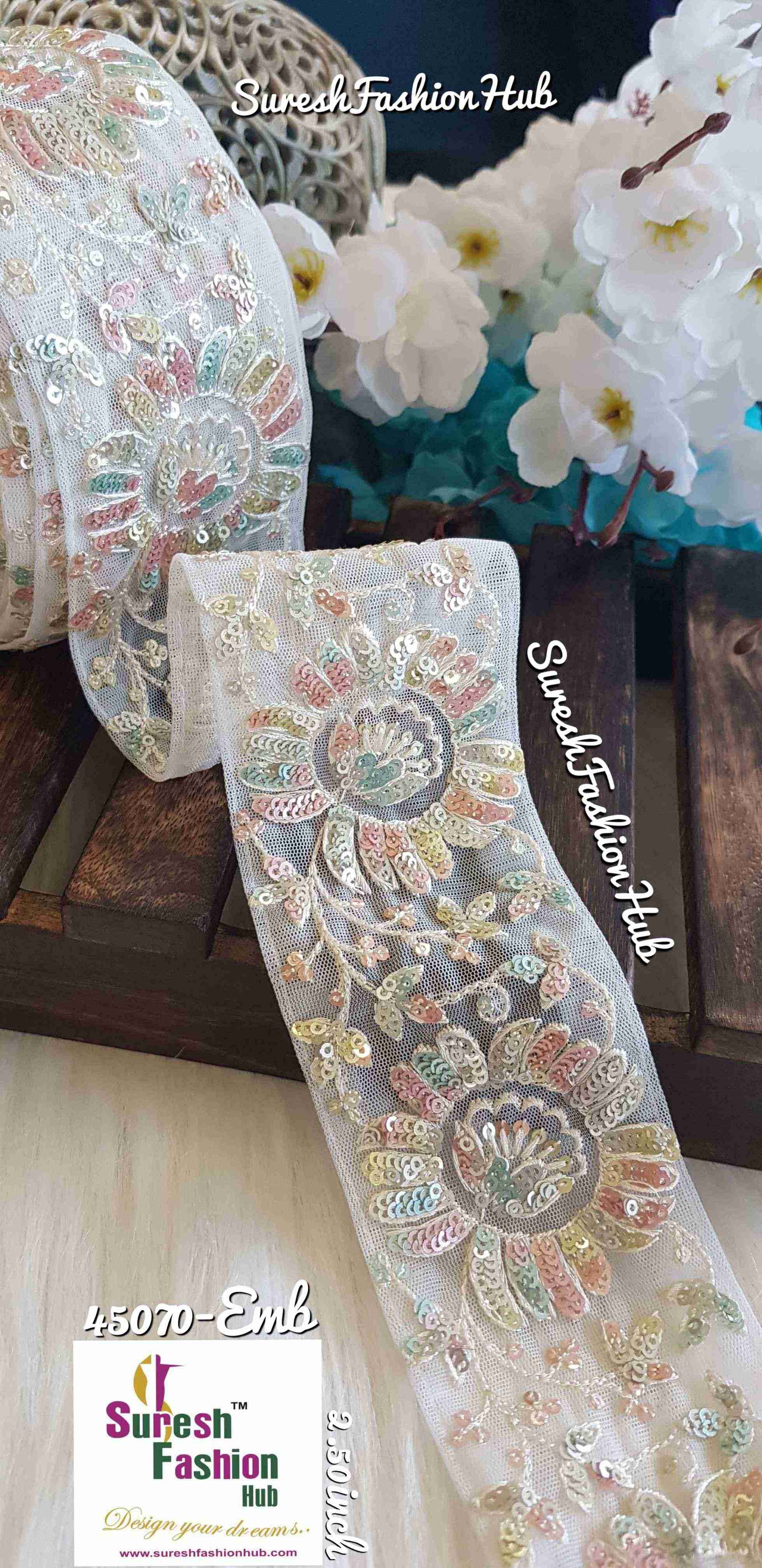 Multi-Colored Sequence On White Mesh Embroidered Trim