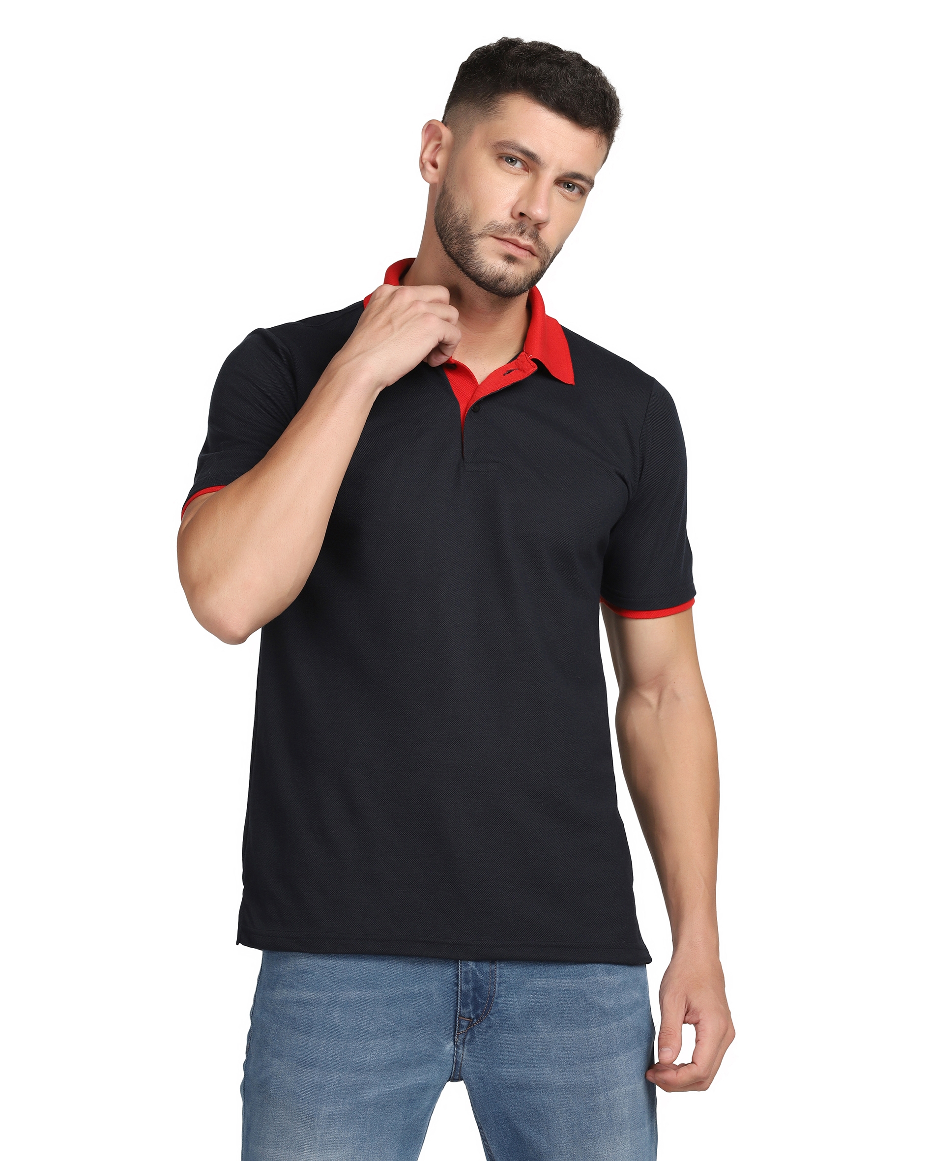 Dark Navy Blue Polo With Red Collar 