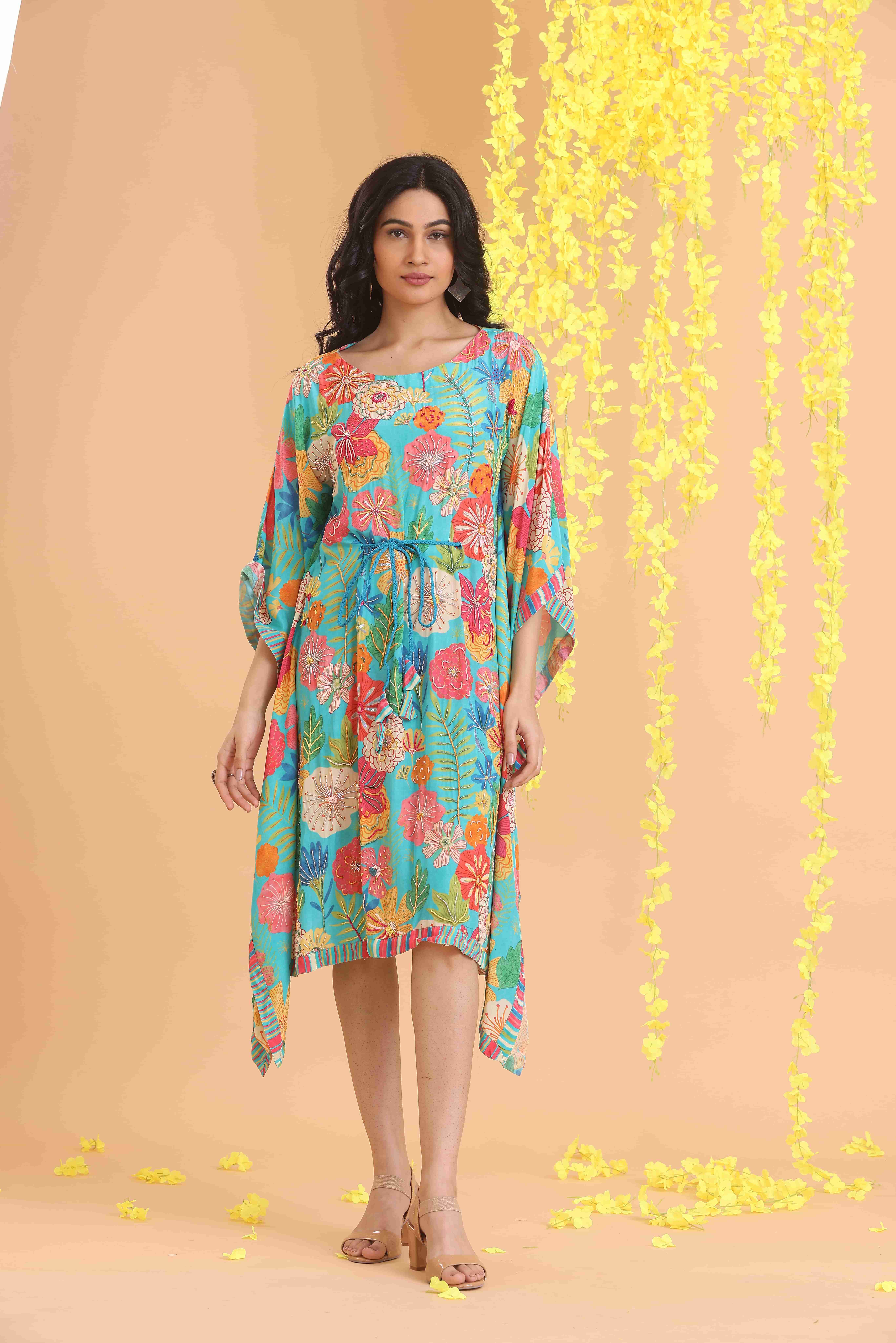 Embroidered Printed Kaftan Dress