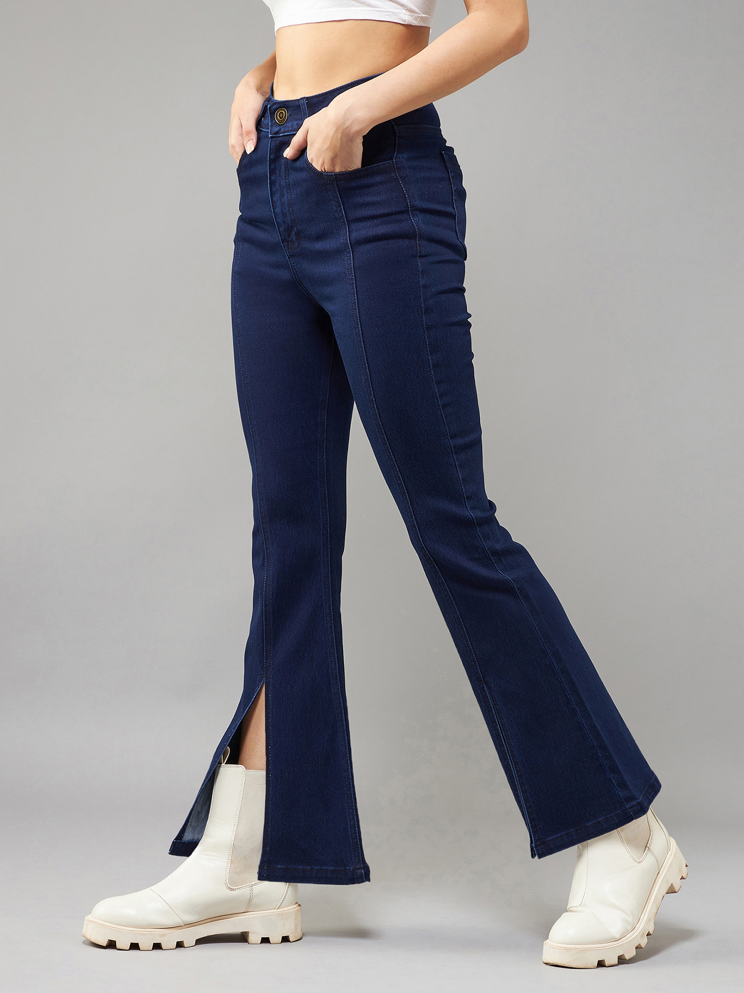 Women's Navy Blue Bootcut High rise Clean look Regular Stretchable Denim Jeans