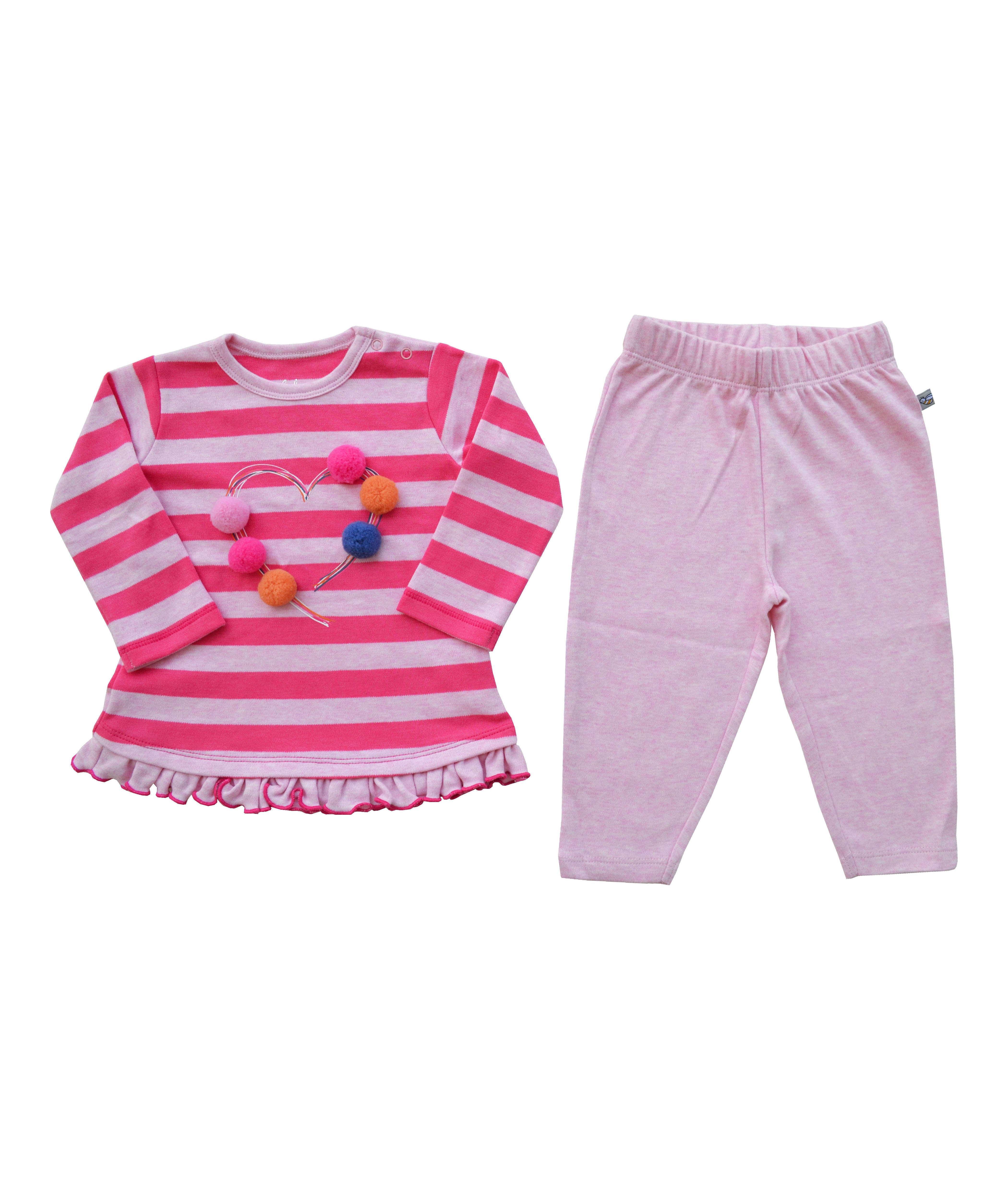 Babeez | Pink Striped Full Sleeves Top + Lt. Pink Legging Set (100% Cotton Interlock Biowash) undefined