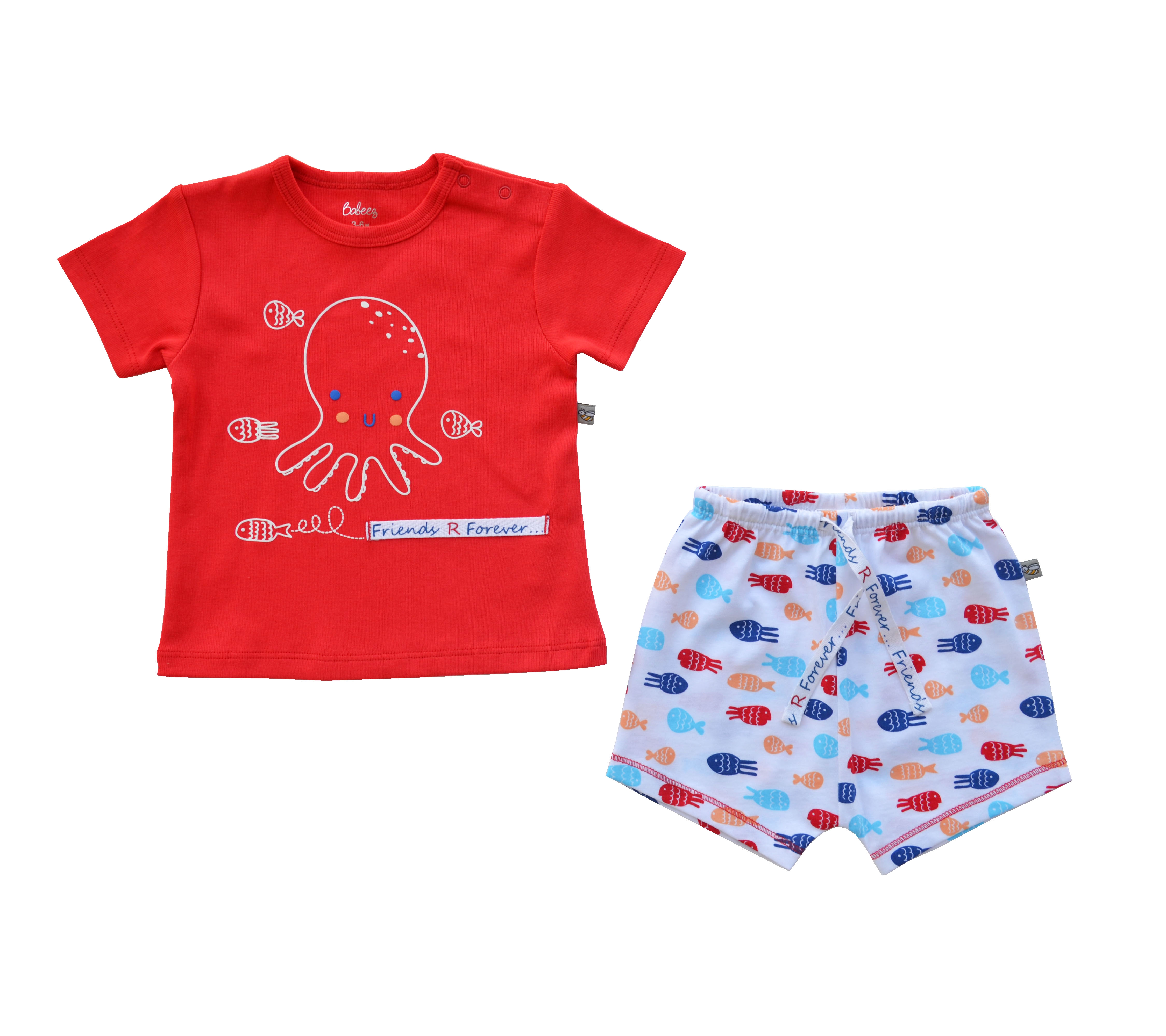 Octopus Printed Red T-Shirt + White Fish Allover Print Shorty Set (100% Cotton Jersey)