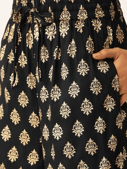Women Black & Golden Printed Kurta with Palazzos