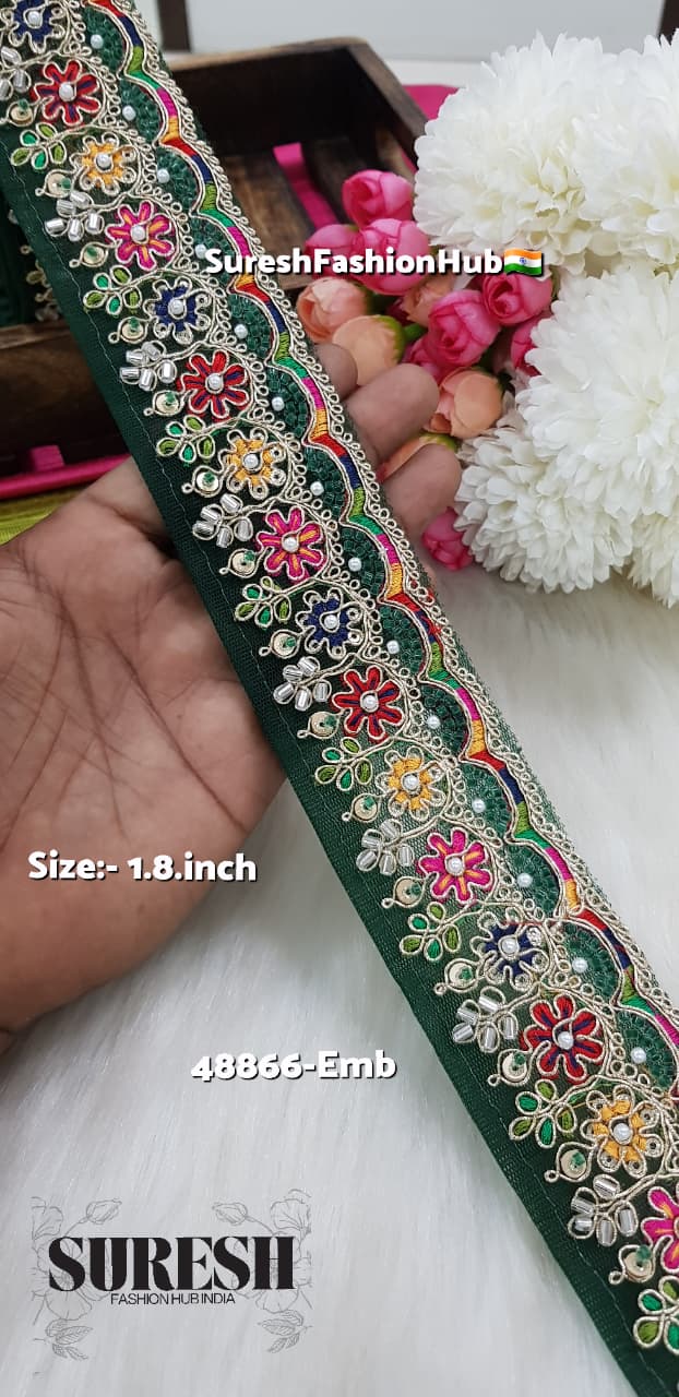 Bottle Green Floral Beads & Thread Embroidery Lace – 48866-EMB