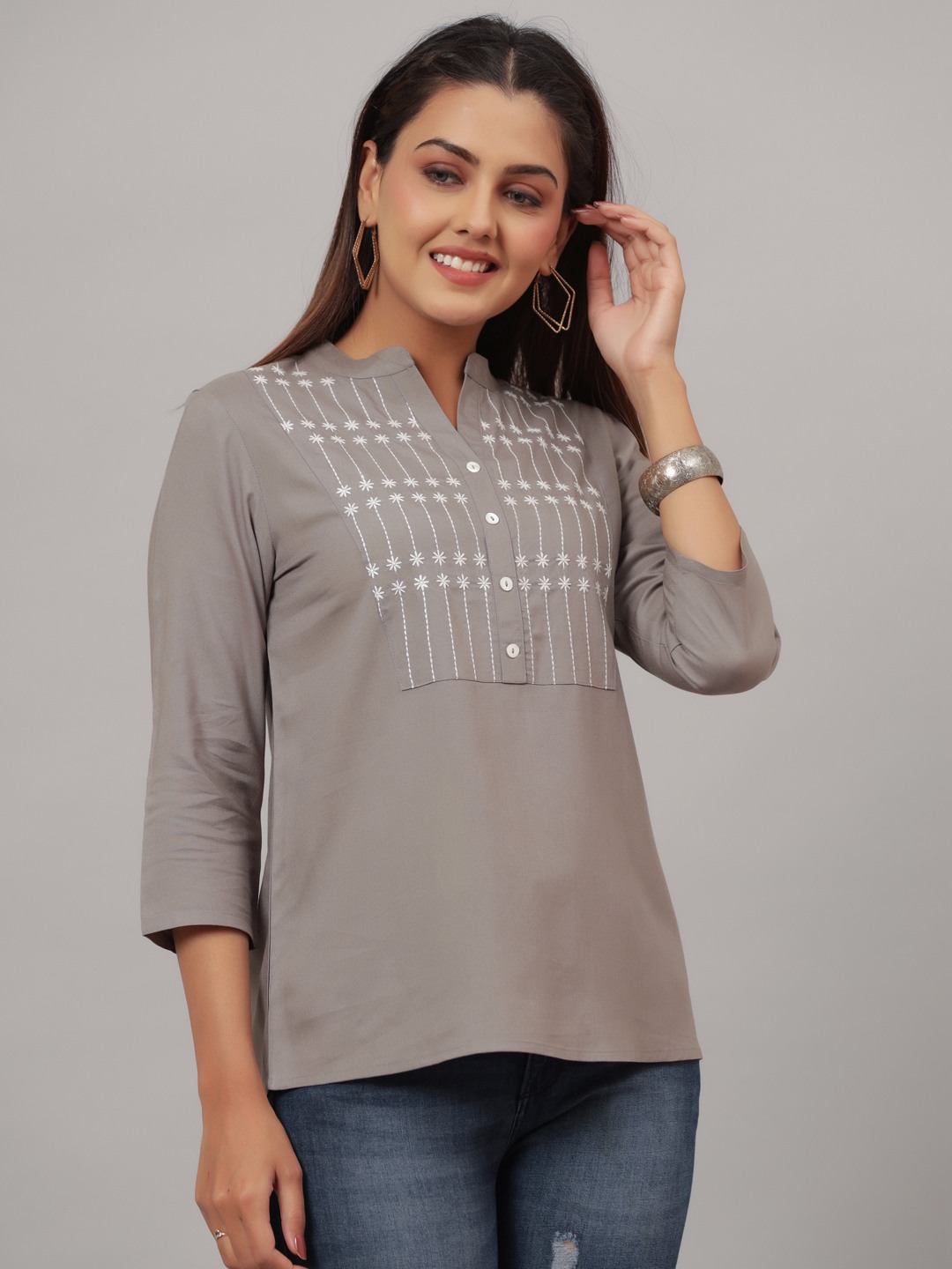 Grey Embroidered Pure Rayon Top