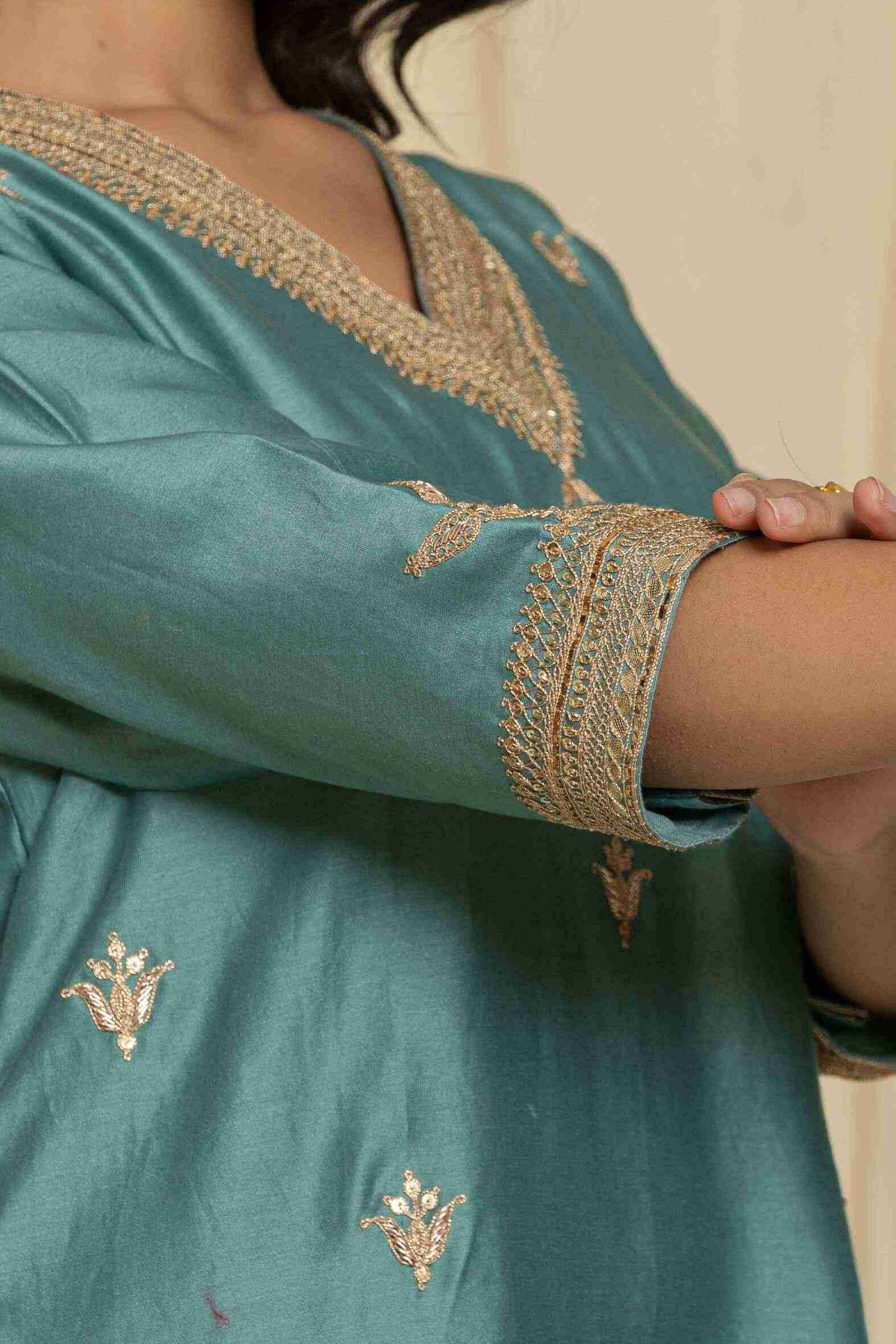 Teal blue handwork kurta with tulip pant