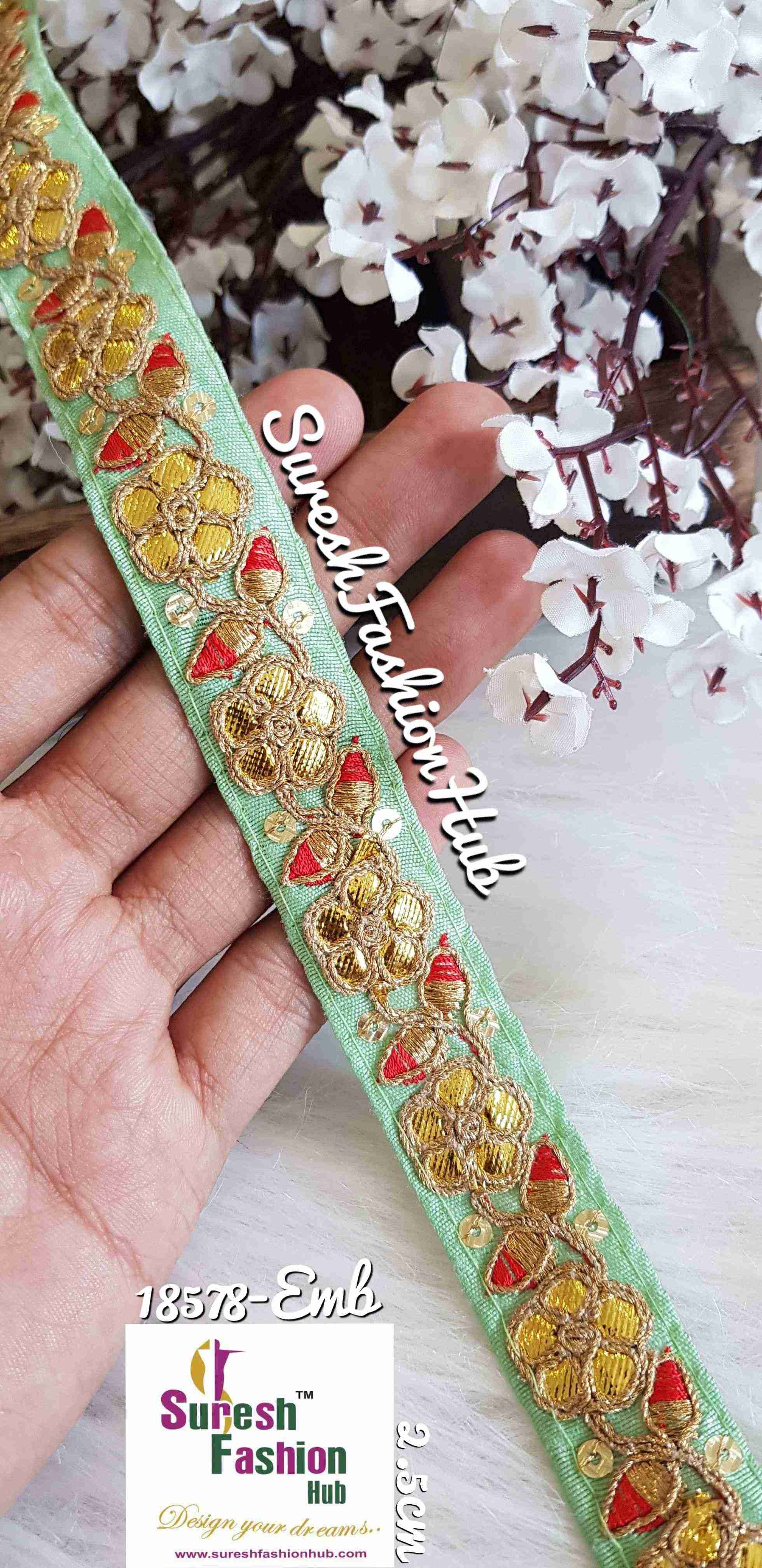 Designer Sea Green Floral Gota Patti Trim
