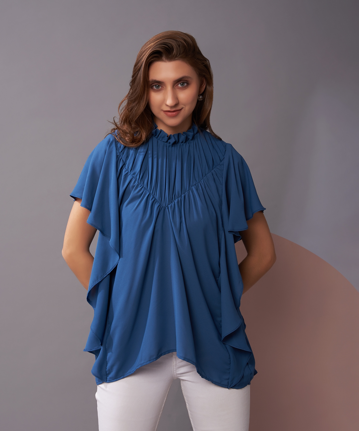 Boxy Blue Pleated Top