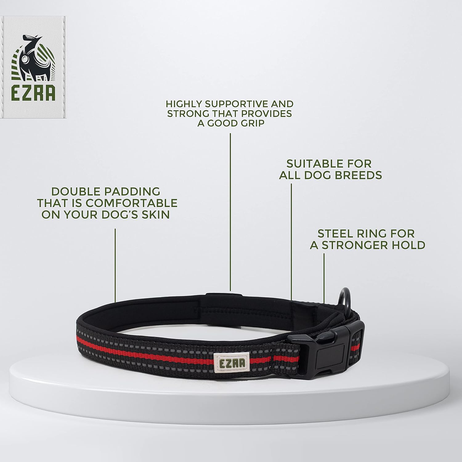 Ezra Hart Dog Collar, Durable Padded Adjustable Collar with Steel D-Ring, Red