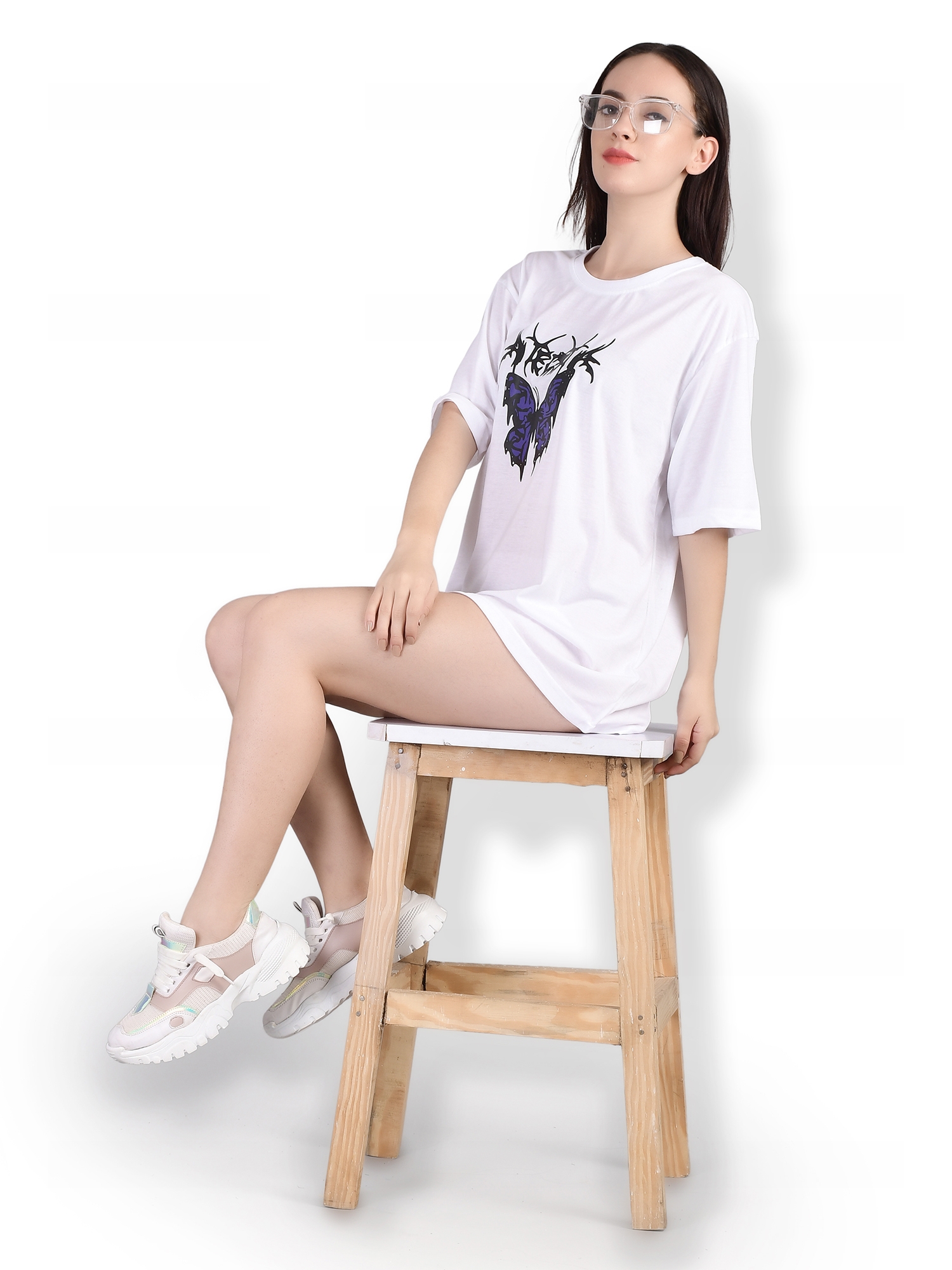 Stylish Butterfly : Quirky Printed Oversized Women's Tees In White Color