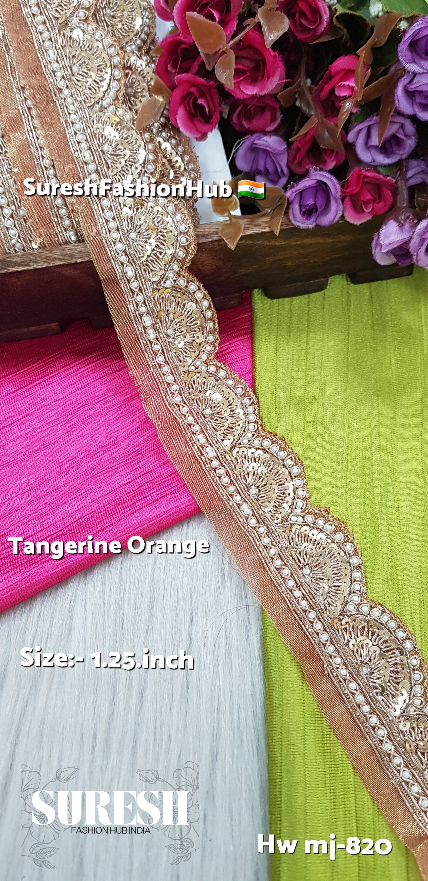 Mj-820 Tangerine Orange Handmade Zardosi Organza Lace
