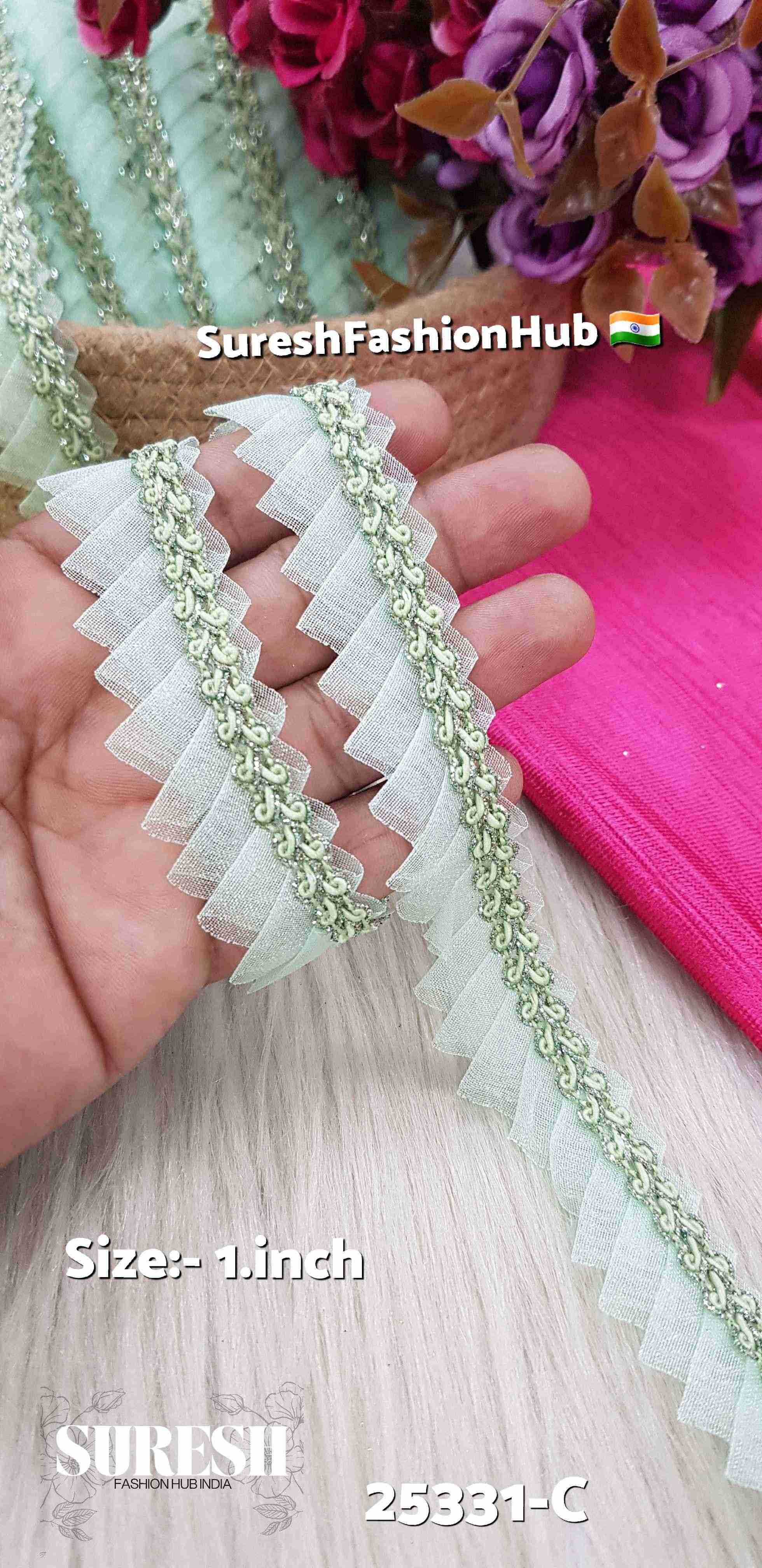 One Side Scallop Organza Jhalar Mint Green Lace | 25331-C
