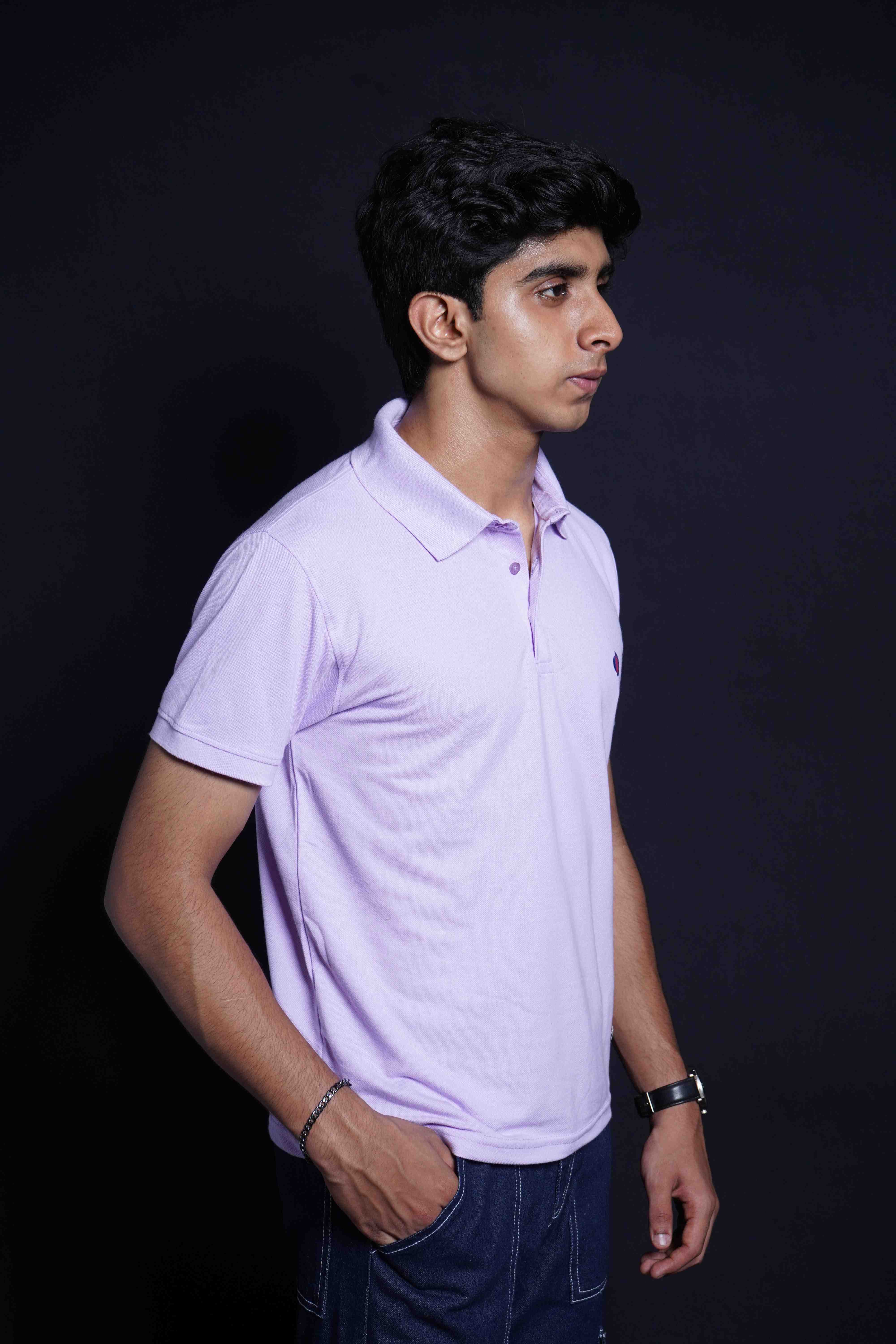 One Denim Light Purple Plain Polo Neck Cotton T-Shirt