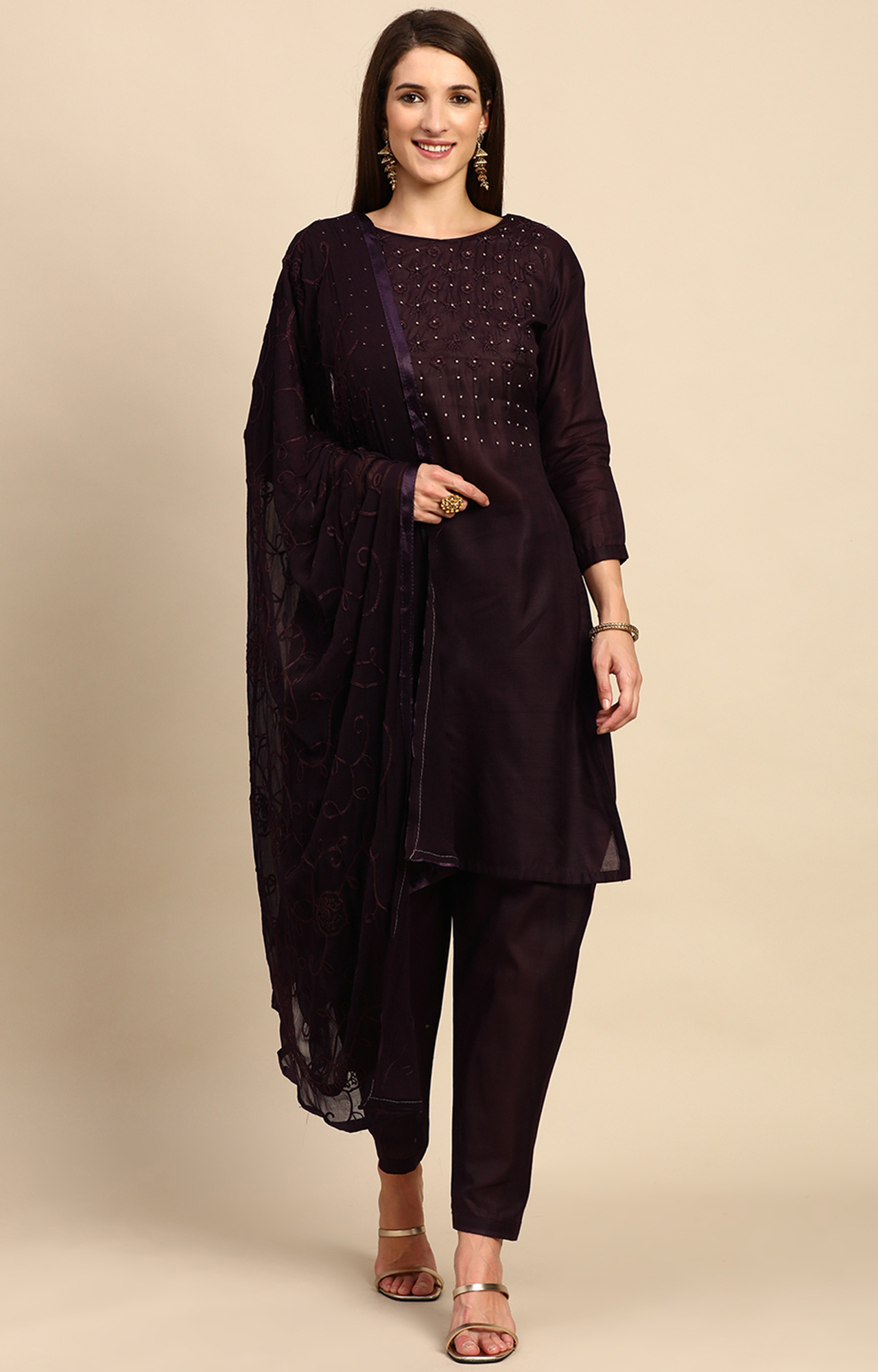 Shaily Women Brown Color Cotton Embroidered With Pearl Unstitched Dress Material-VF_KRINA_BRWN_DM