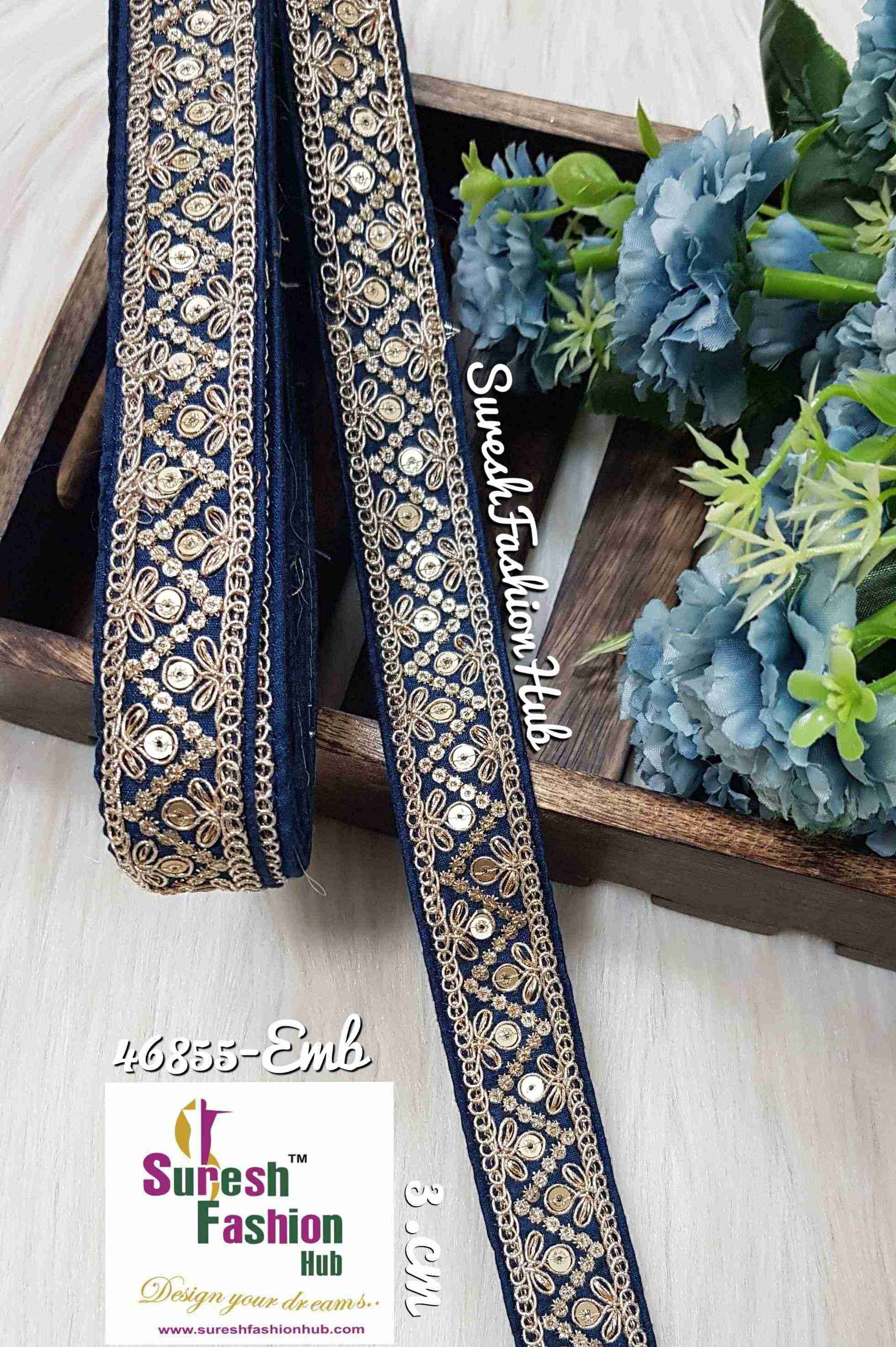 Golden Sequin With Zari Splendor Navy Blue Borders Laces