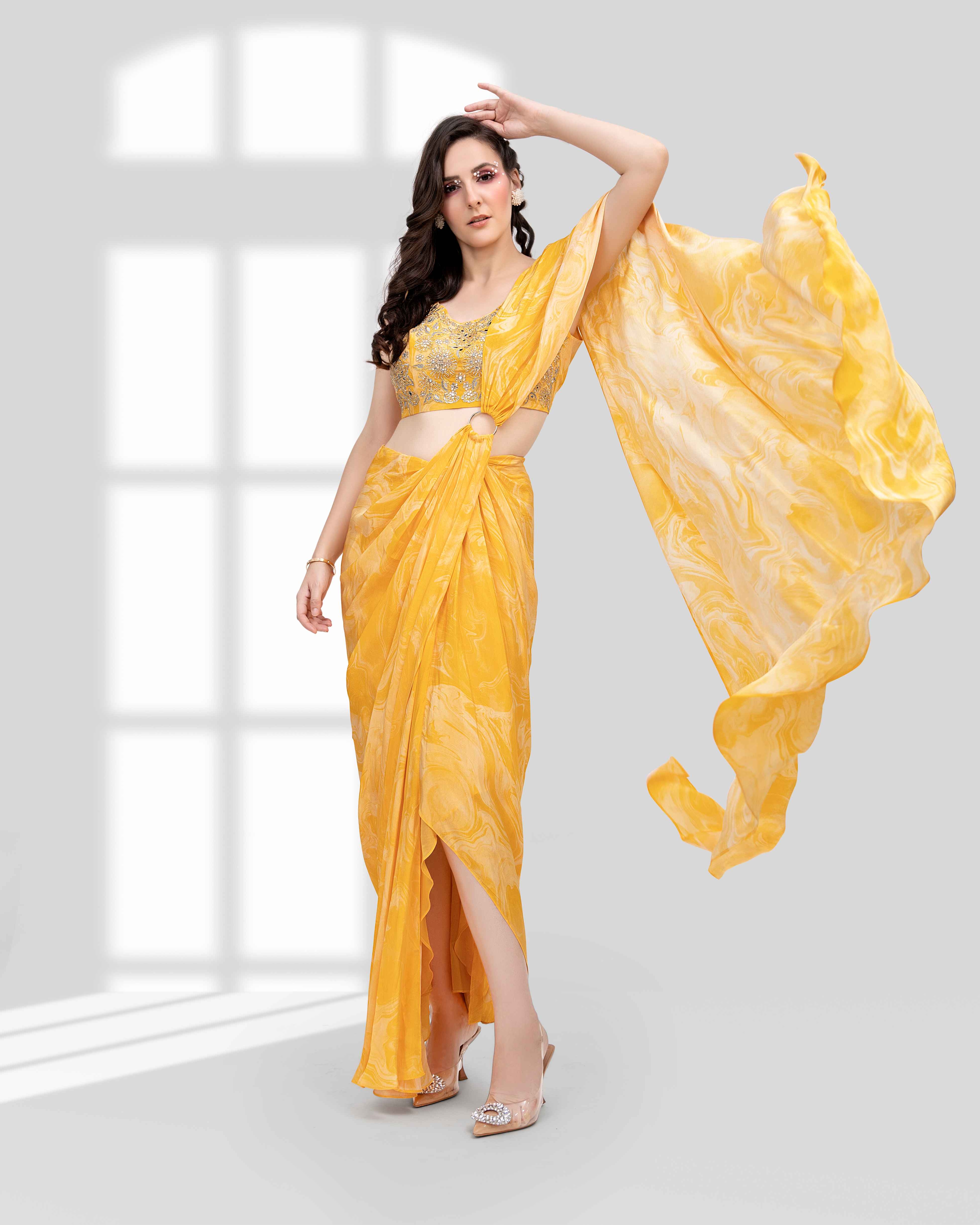 Yellow Marble Printed Concept Saree with an Embellished Blouse