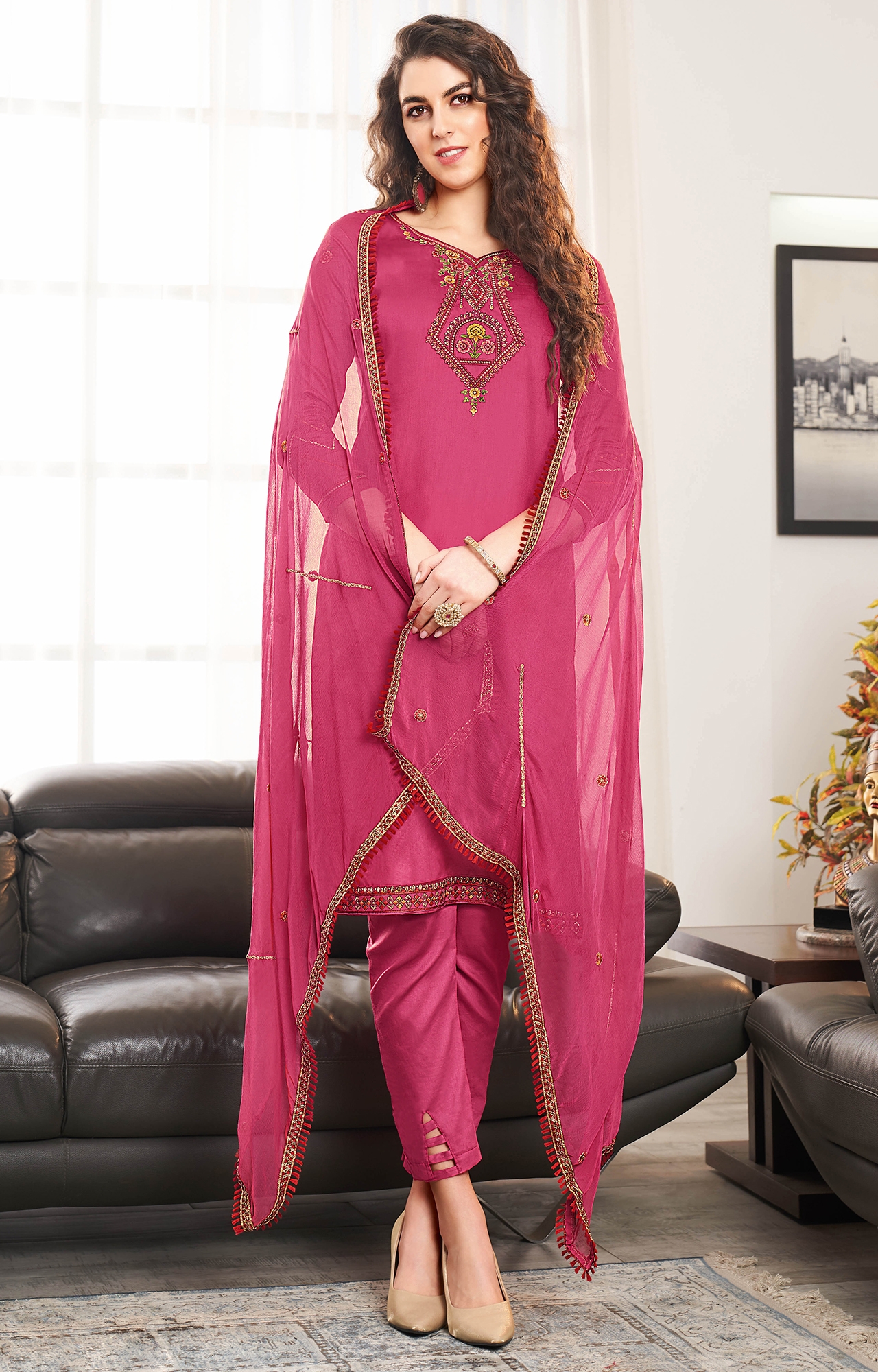 Pink Color Cotton Embroidered Unstitched Dress Material-FL_PANKHUDI1094_DM