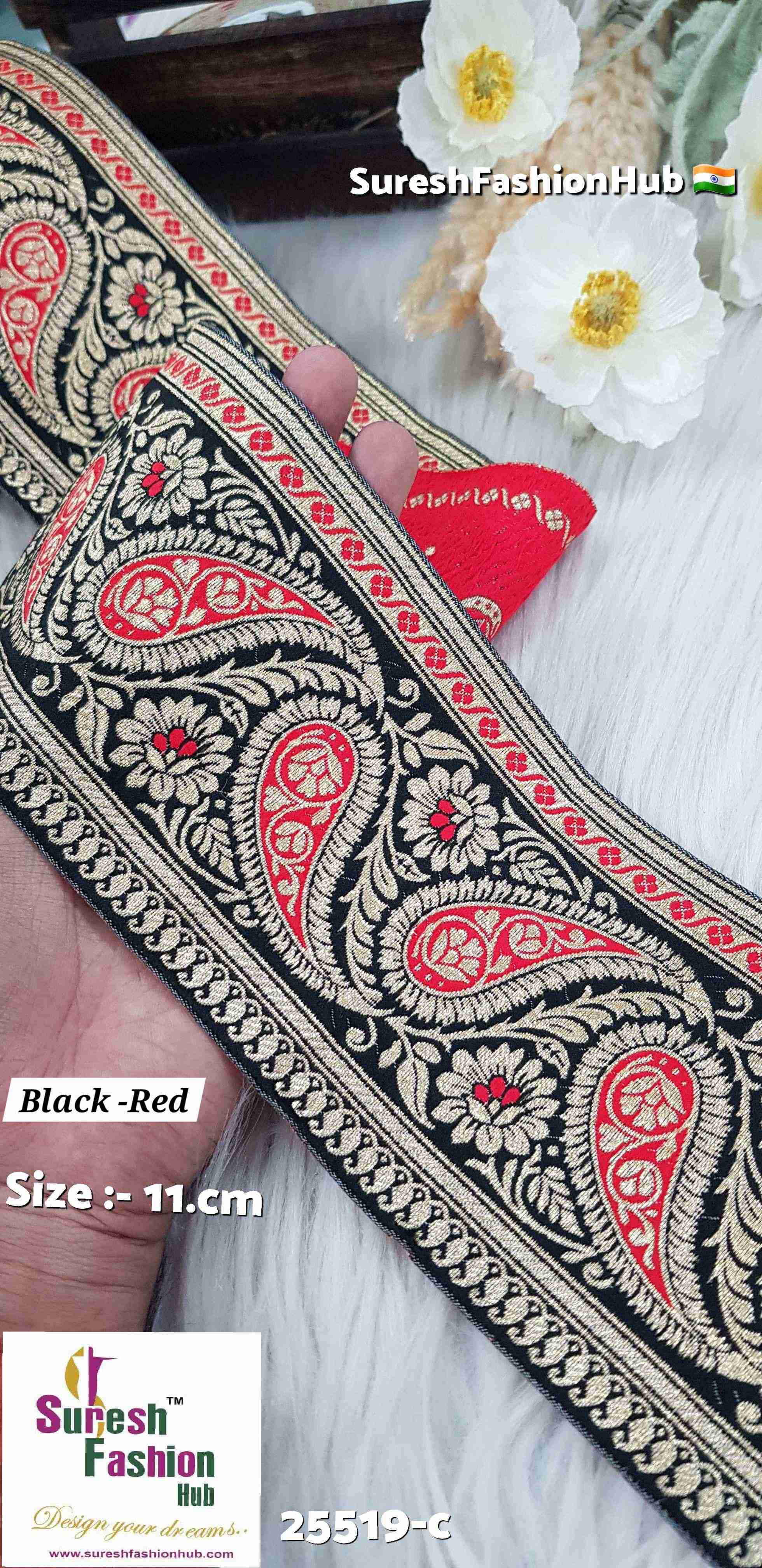 Certainly! Here are some ALT text suggestions that incorporate a variety of keywords to help improve your visibility on Google:  1. "Navratri Banarasi Laces - Traditional Indian Festive Laces" 2. "Golden Silver Banarasi Lace - Elegant Metallic Trims for Garments" 3. "Cutwork Banarasi Laces - Intricate Openwork Designs"