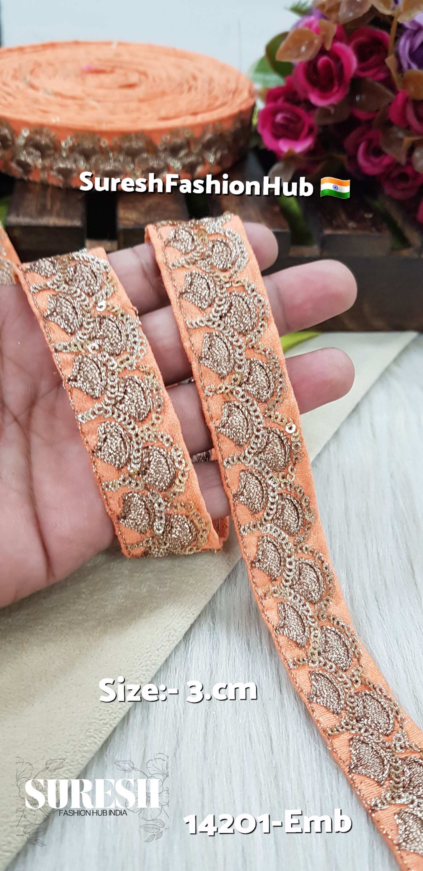 Peach Glitter Sequence & Matt Zari Embroidery Lace – 14201-Emb