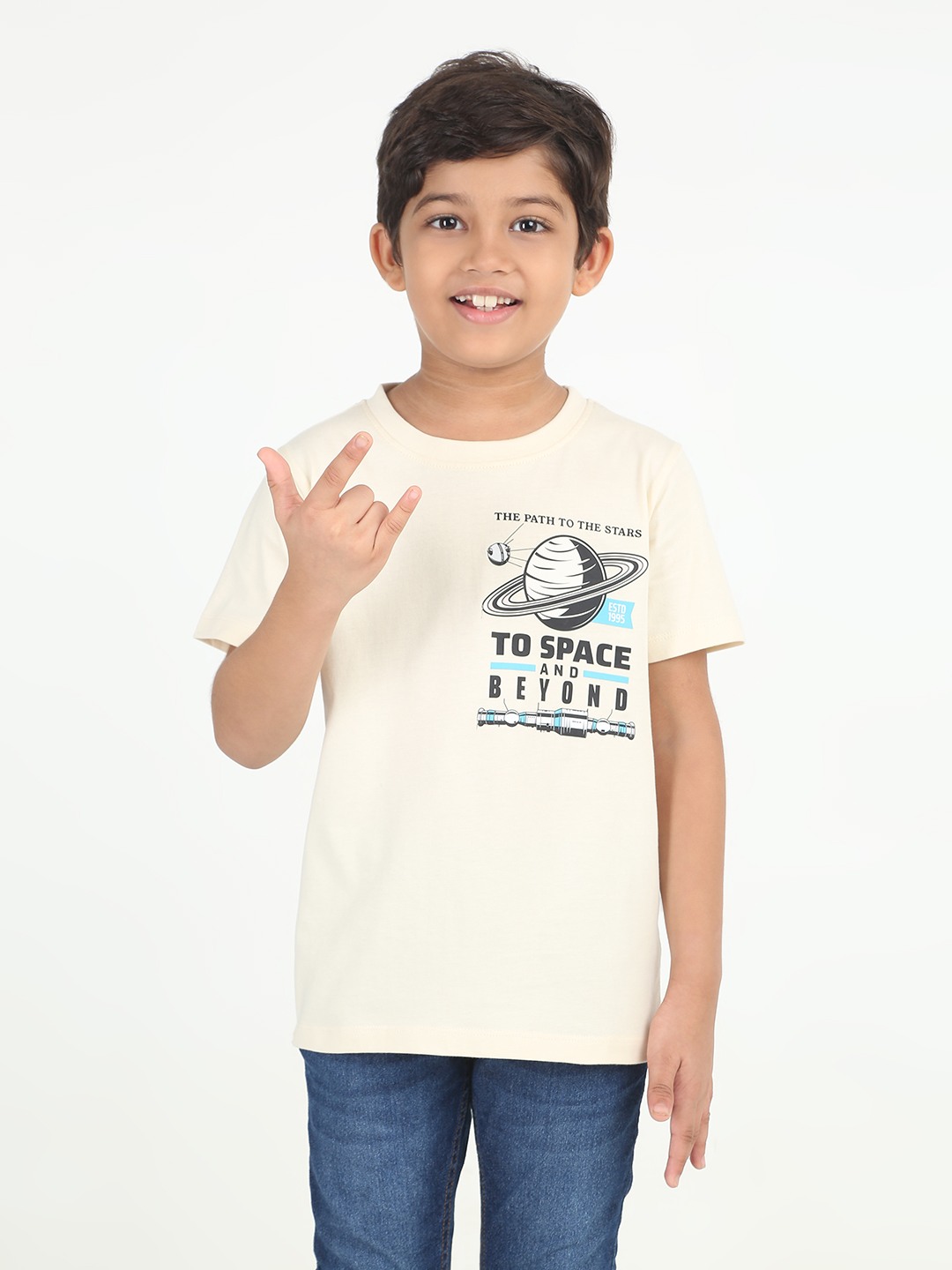 Boys 1 piece chest printed T-shirt- Butter Cream