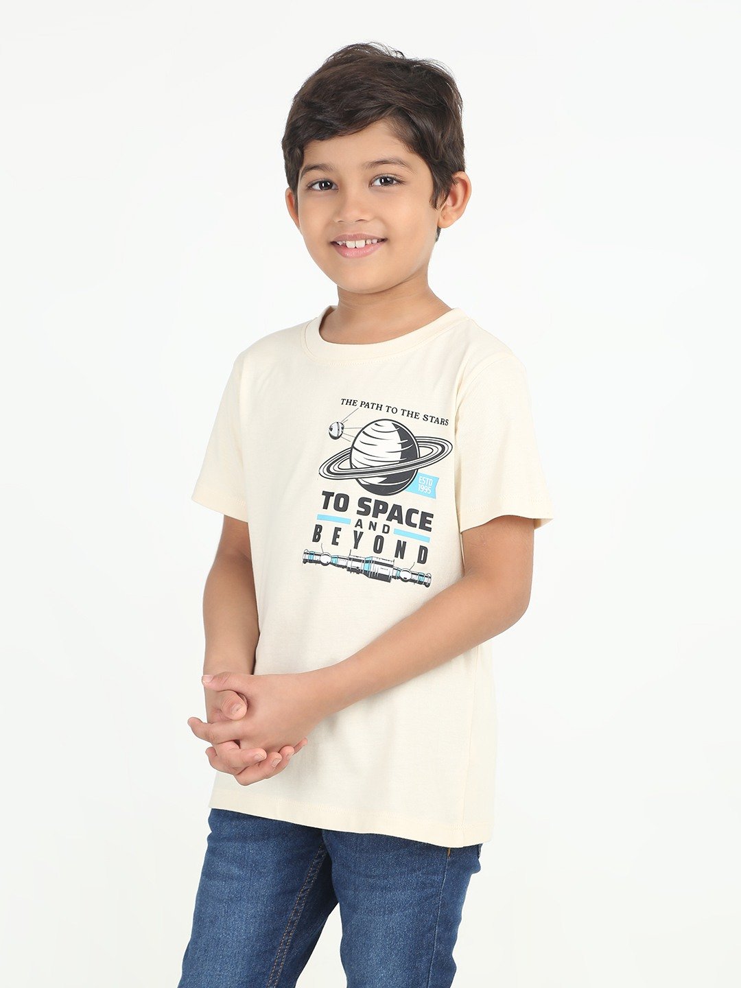 Boys 1 piece chest printed T-shirt- Butter Cream