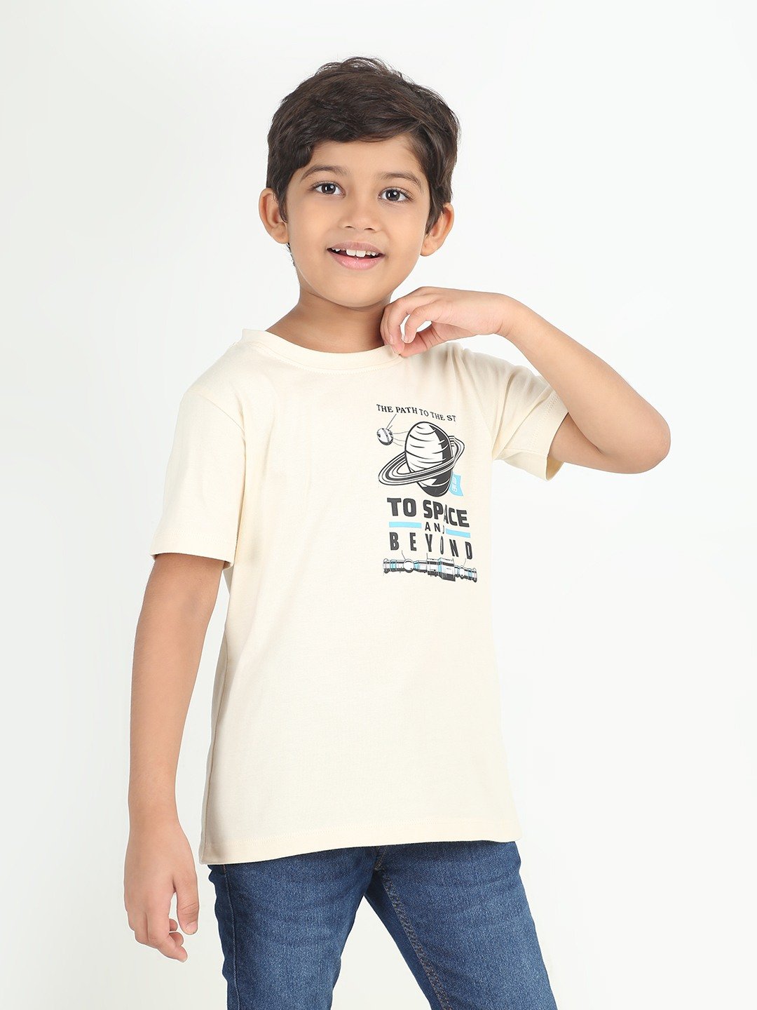 Boys 1 piece chest printed T-shirt- Butter Cream