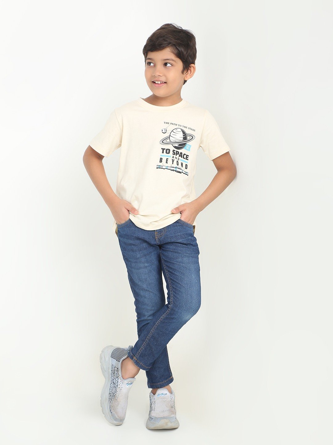 Boys 1 piece chest printed T-shirt- Butter Cream