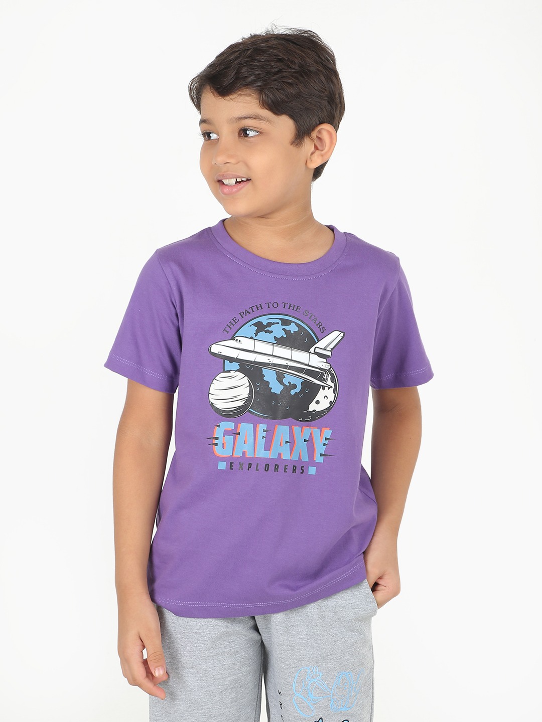 Boys 1 piece chest printed T-shirt- Purple Dark