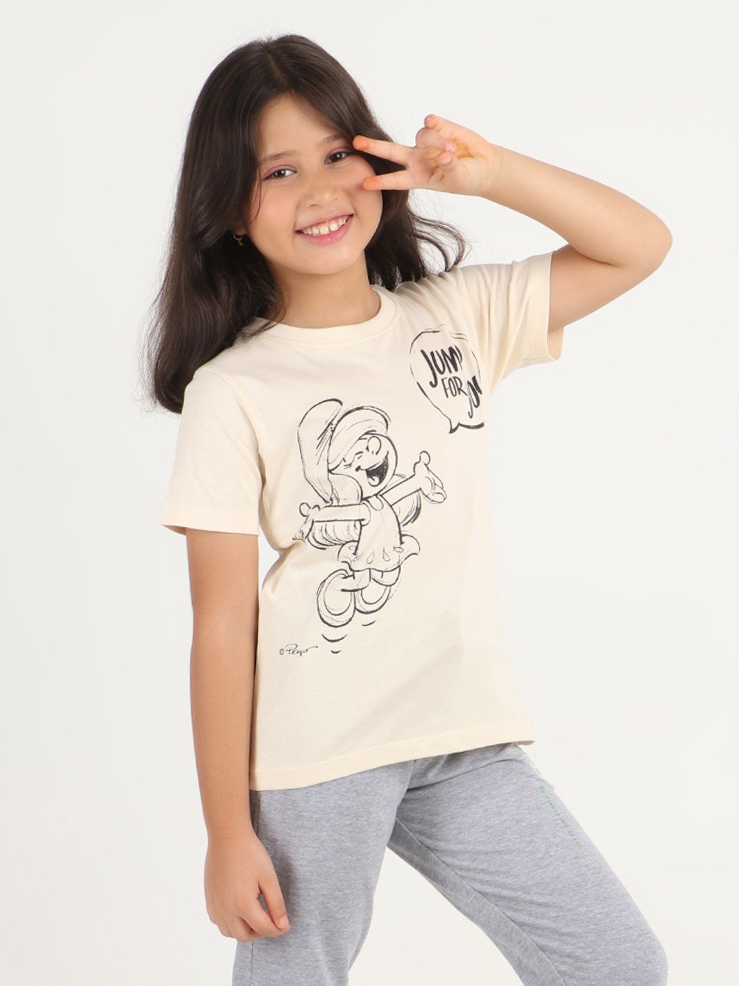 Girls 1 piece chest printed T-shirt- Butter Cream