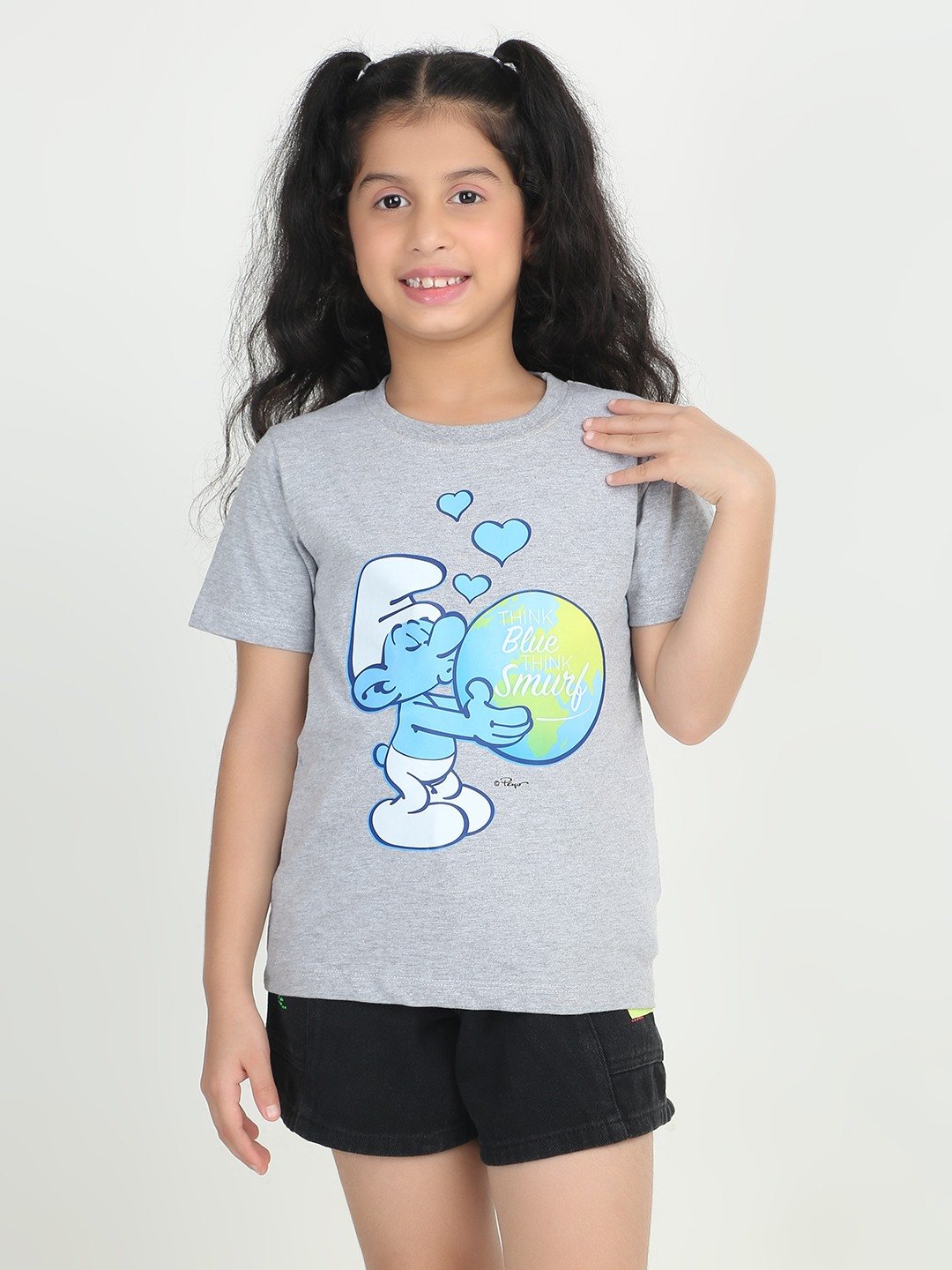 Girls 1 piece chest printed T-shirt- Grey Mel