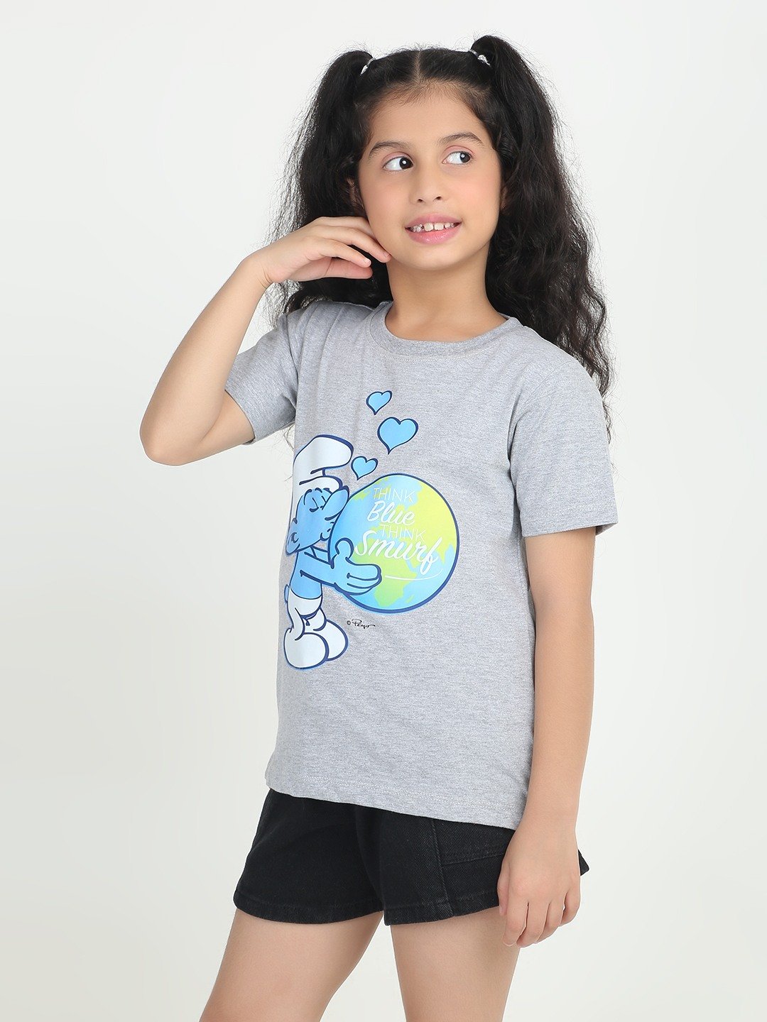 Girls 1 piece chest printed T-shirt- Grey Mel