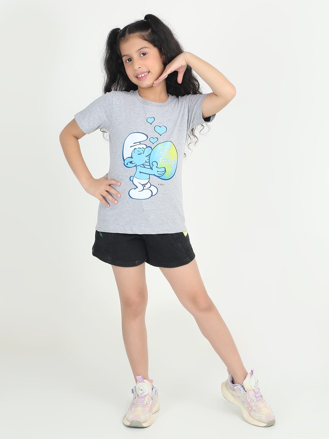 Girls 1 piece chest printed T-shirt- Grey Mel