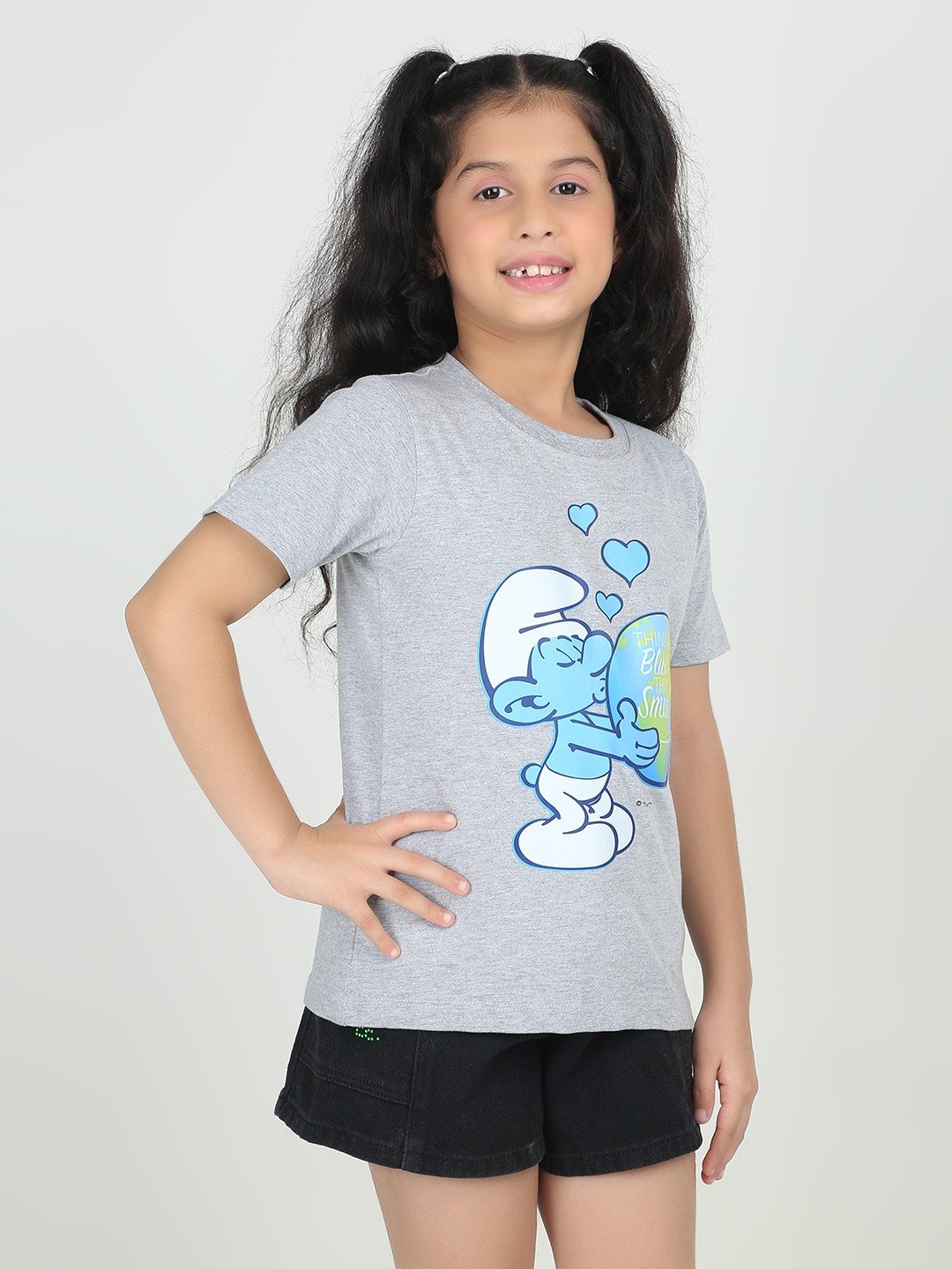 Girls 1 piece chest printed T-shirt- Grey Mel