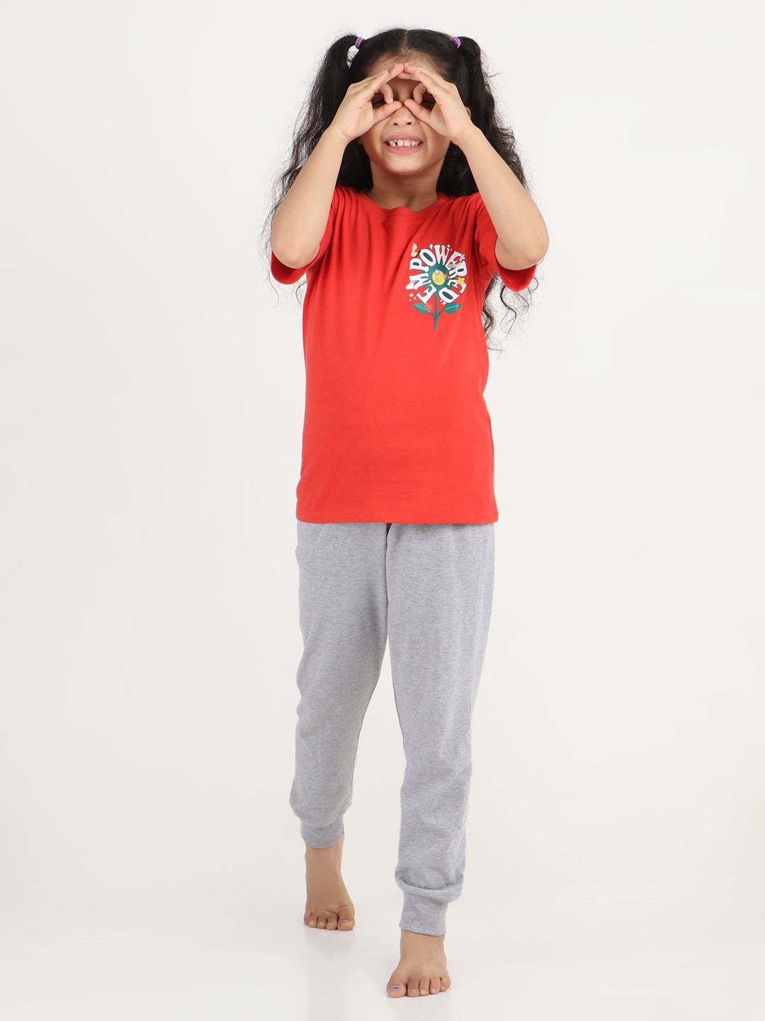Girls 1 piece chest printed T-shirt- Red
