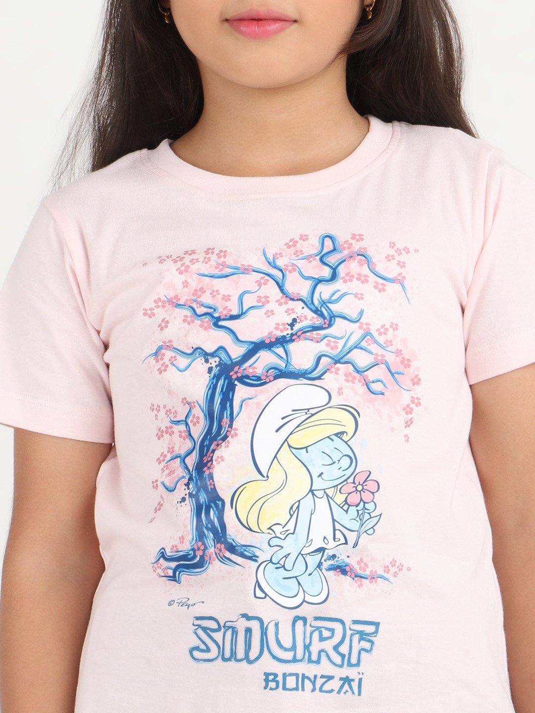 Girls 1 piece chest printed T-shirt- Soft Pink