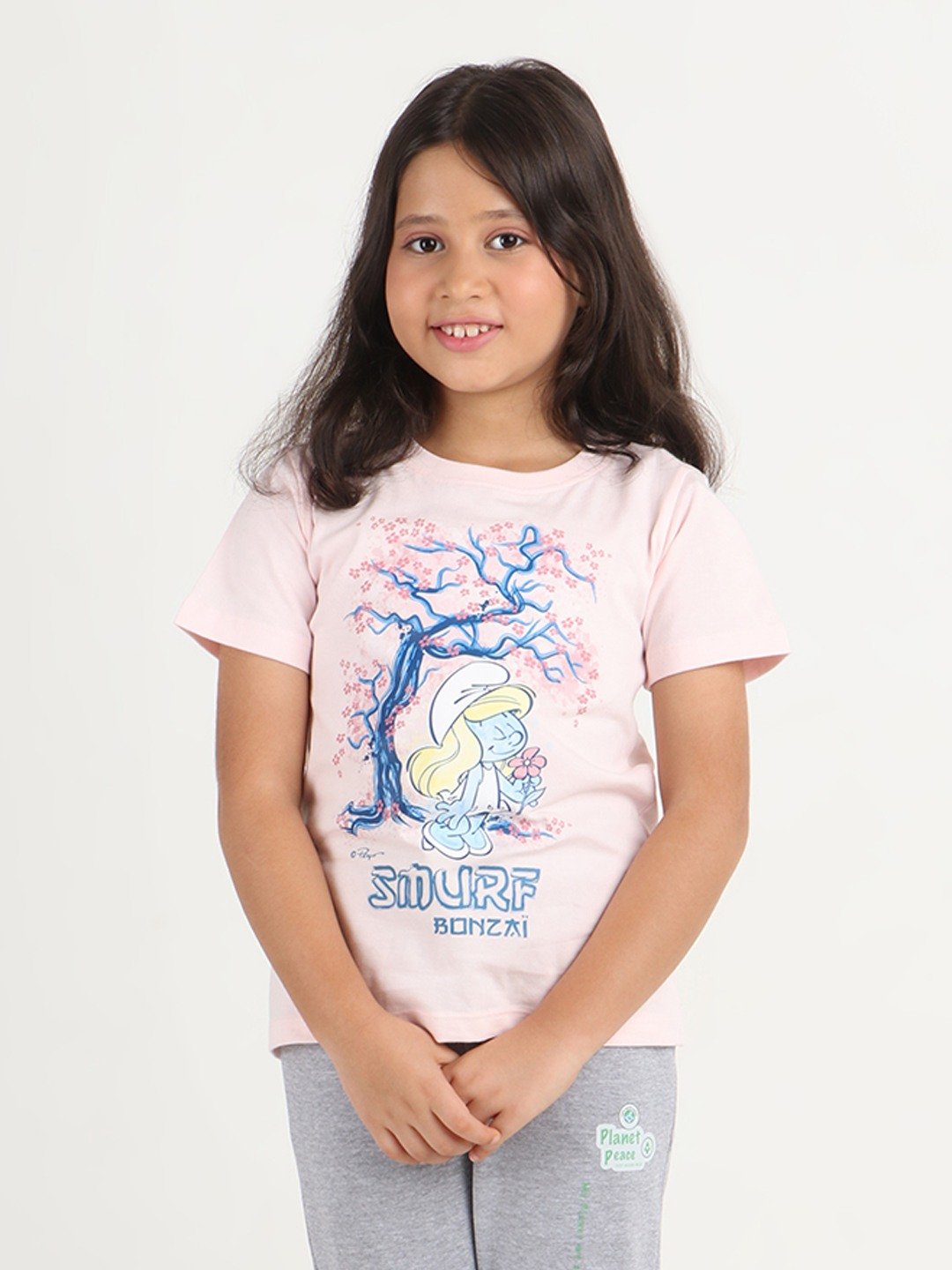 Girls 1 piece chest printed T-shirt- Soft Pink
